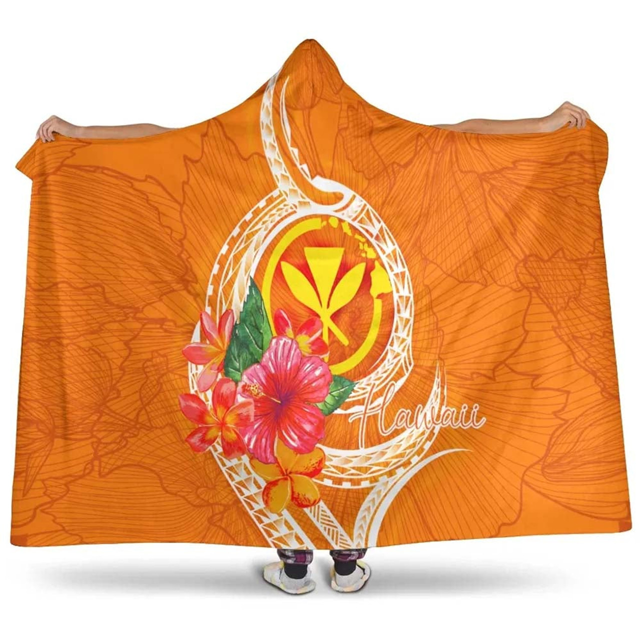 Hawaii Polynesian Hooded Blanket - Orange Floral With Seal 1