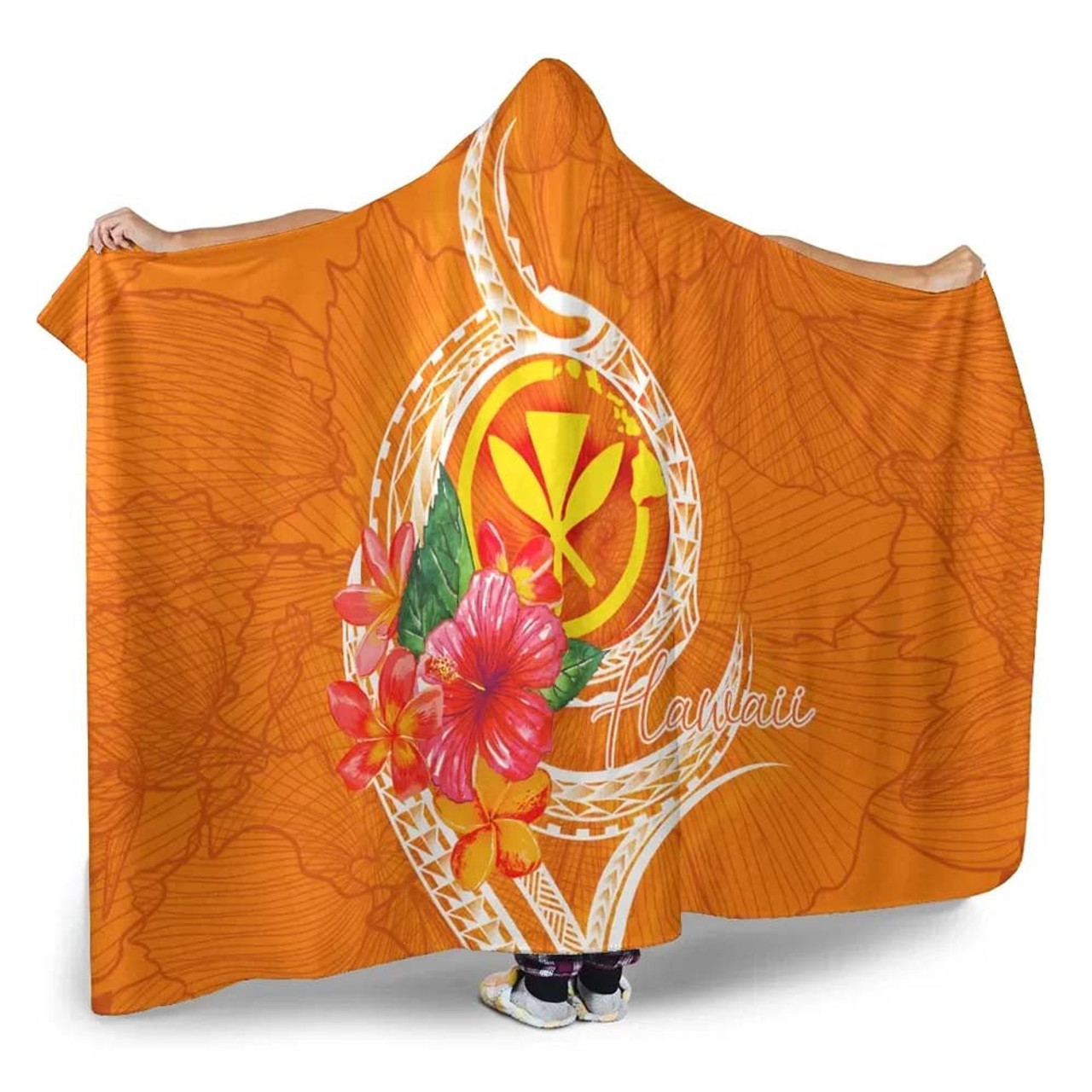 Hawaii Polynesian Hooded Blanket - Orange Floral With Seal 2