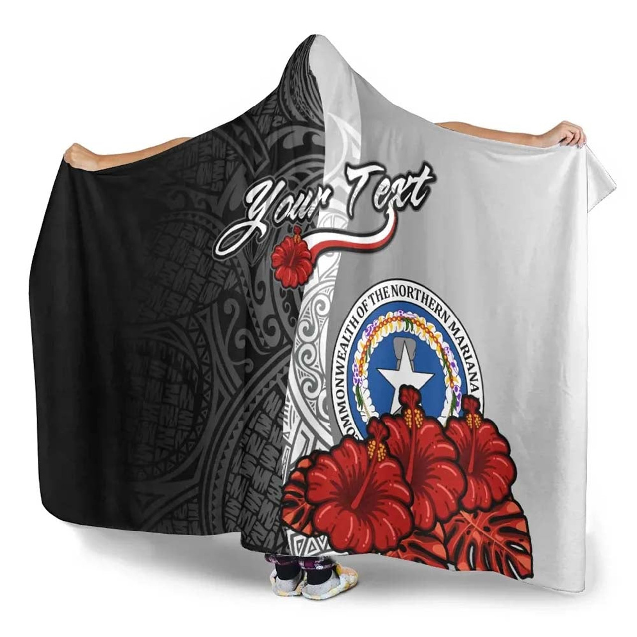 Northern Mariana Islands Polynesian Custom Personalised Hooded Blanket- Coat Of Arm With Hibiscus White 3