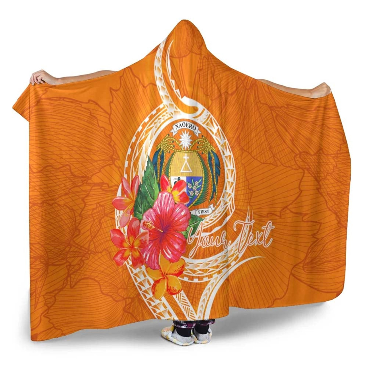 Nauru Polynesian Custom Personalised Hooded Blanket - Orange Floral With Seal 3