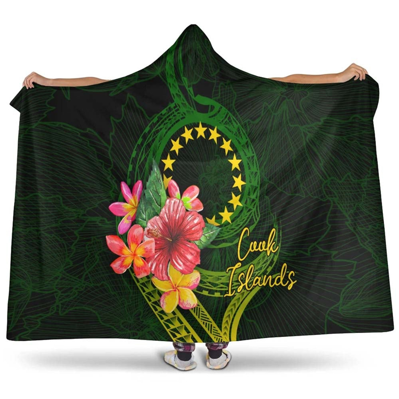 Cook Islands Polynesian Hooded Blanket - Floral With Seal Flag Color 1
