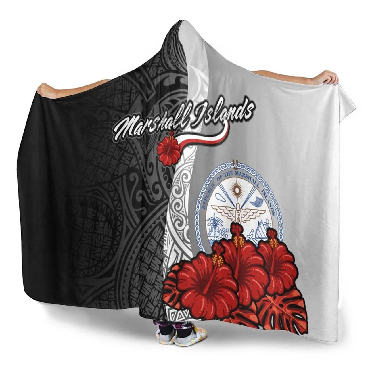 Marshall Islands Polynesian Hooded Blanket- Coat Of Arm With Hibiscus White 3