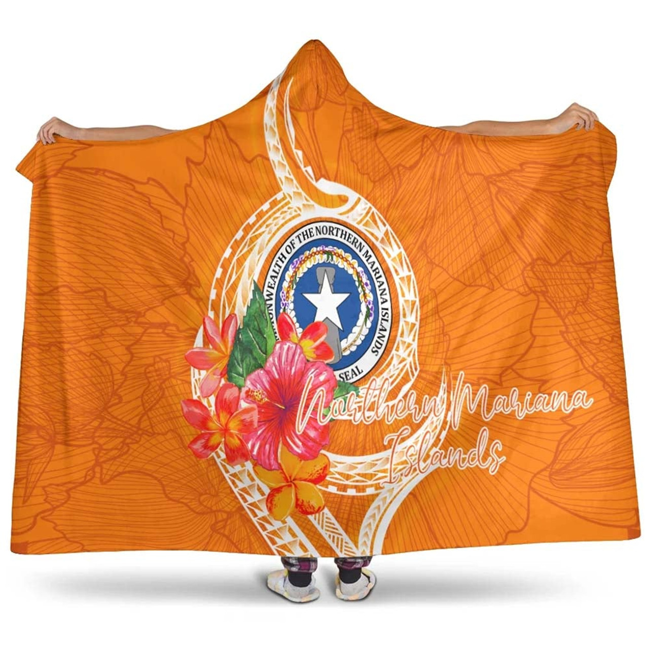 Northern Mariana Islands Polynesian Hooded Blanket - Orange Floral With Seal 1