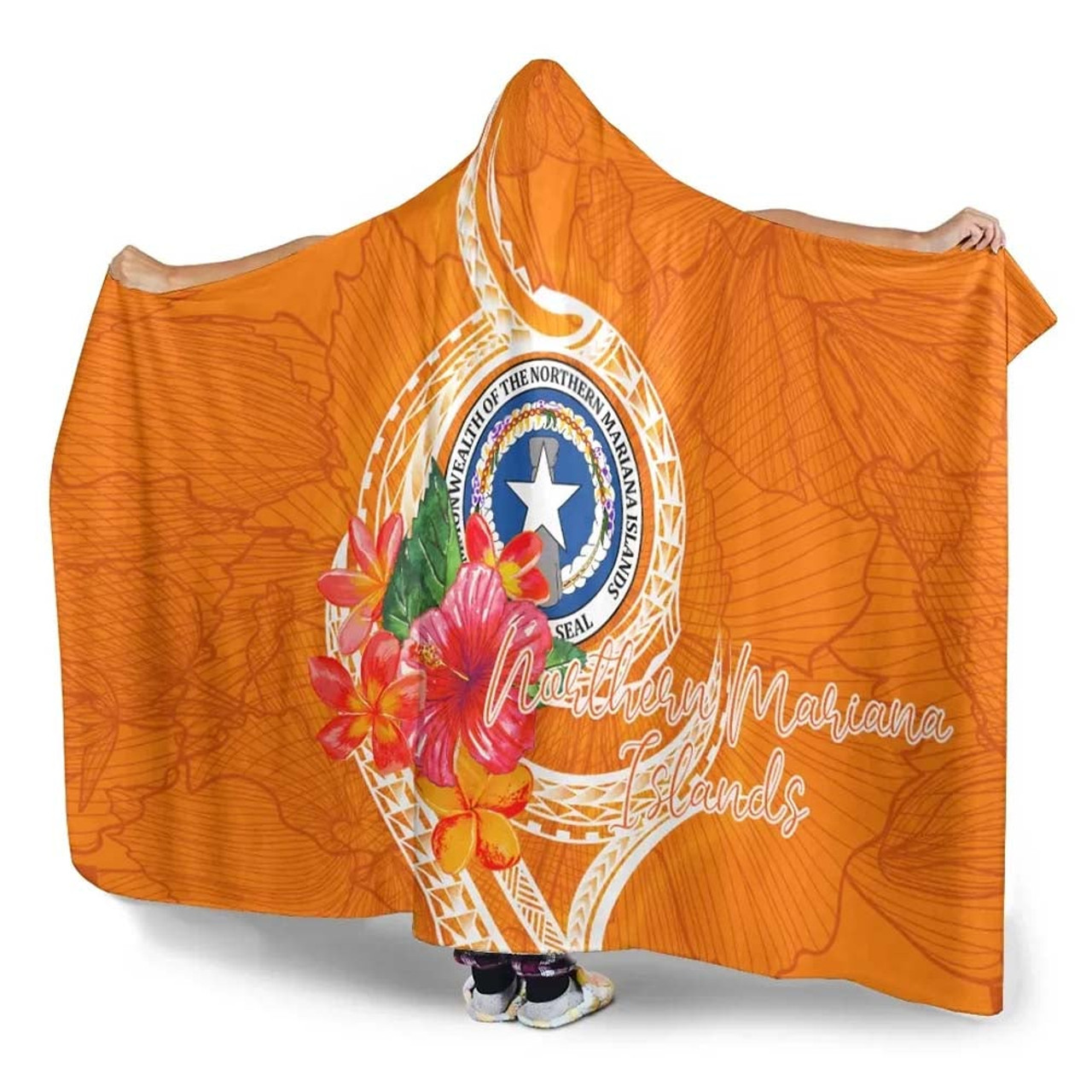 Northern Mariana Islands Polynesian Hooded Blanket - Orange Floral With Seal 4