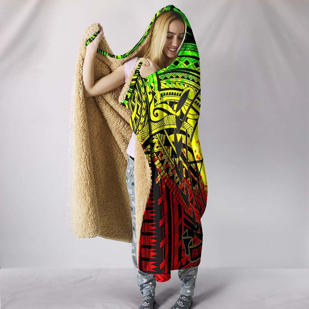 Samoa Hooded Blanket - Coat Of Arm Polynesian Patterns (Reggae) 3
