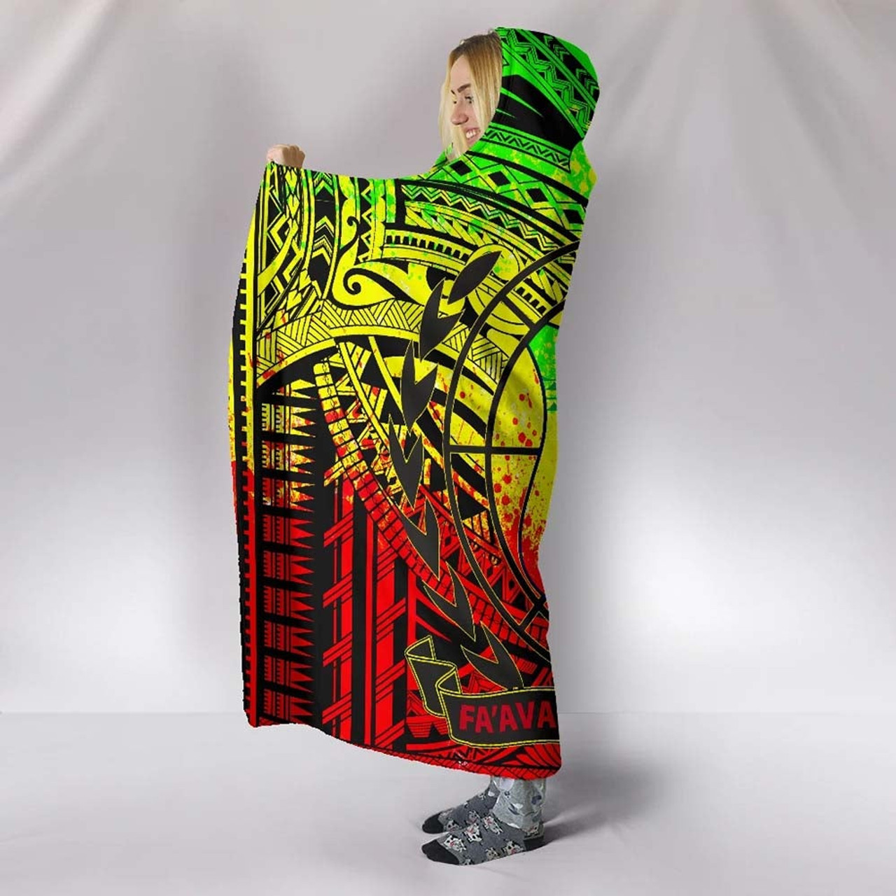 Samoa Hooded Blanket - Coat Of Arm Polynesian Patterns (Reggae) 4