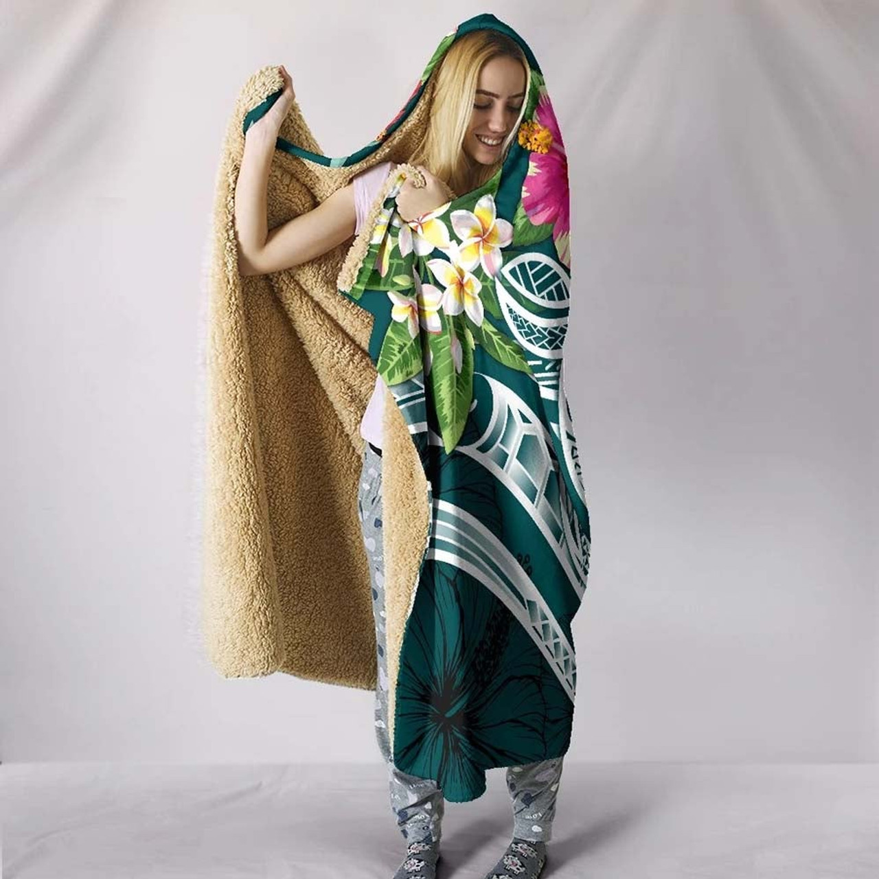 Papua New Guinea Polynesian Hooded Blanket - Summer Plumeria (Turquoise) 3