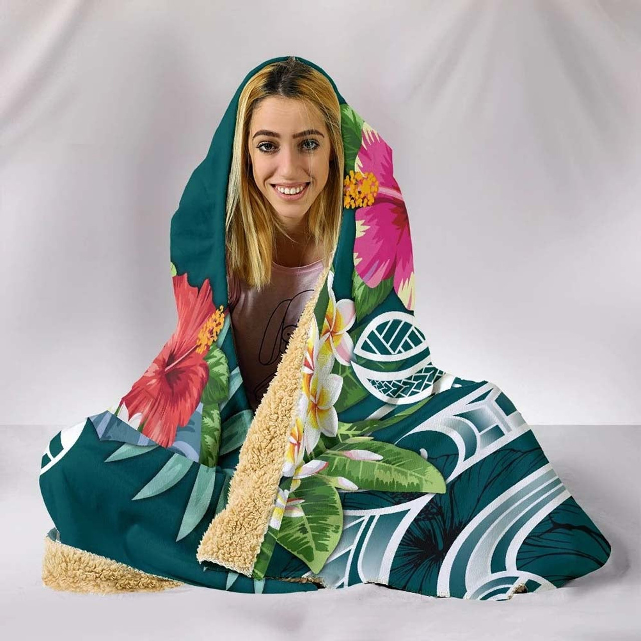 Papua New Guinea Polynesian Hooded Blanket - Summer Plumeria (Turquoise) 5