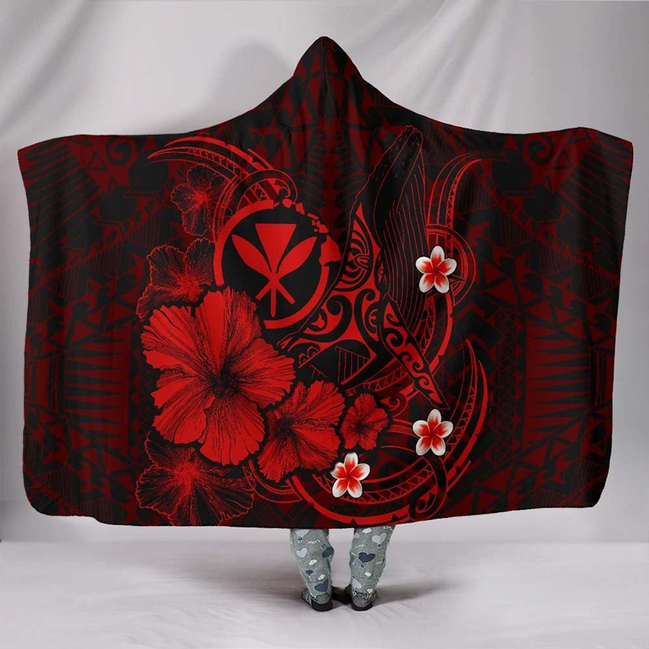 Polynesian Hawaii Kanaka Maoli Hooded Blanket - Humpback Whale with Hibiscus (Red) 1