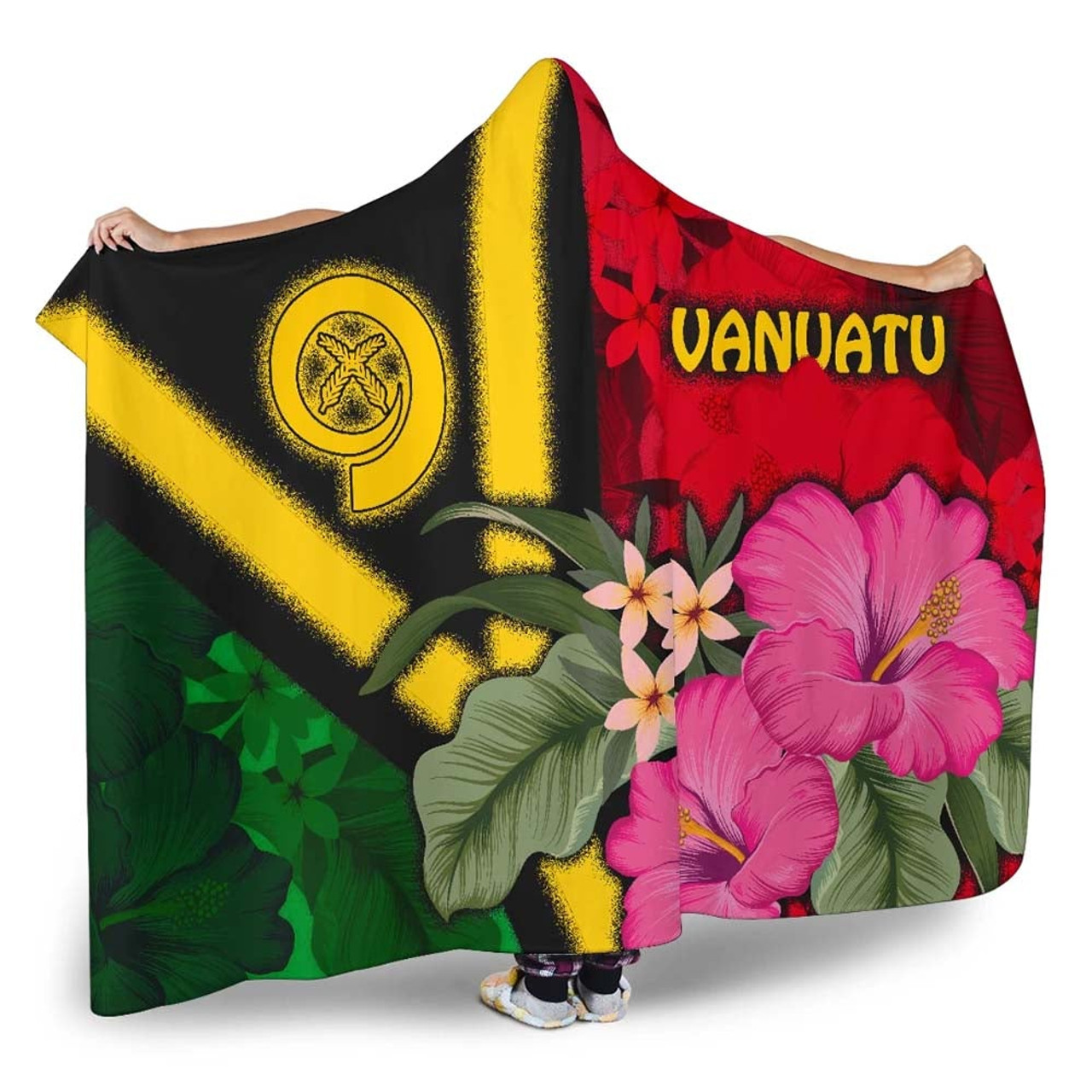 Vanuatu Hooded Blanket - Vanuatu Flag with Hibiscus 2