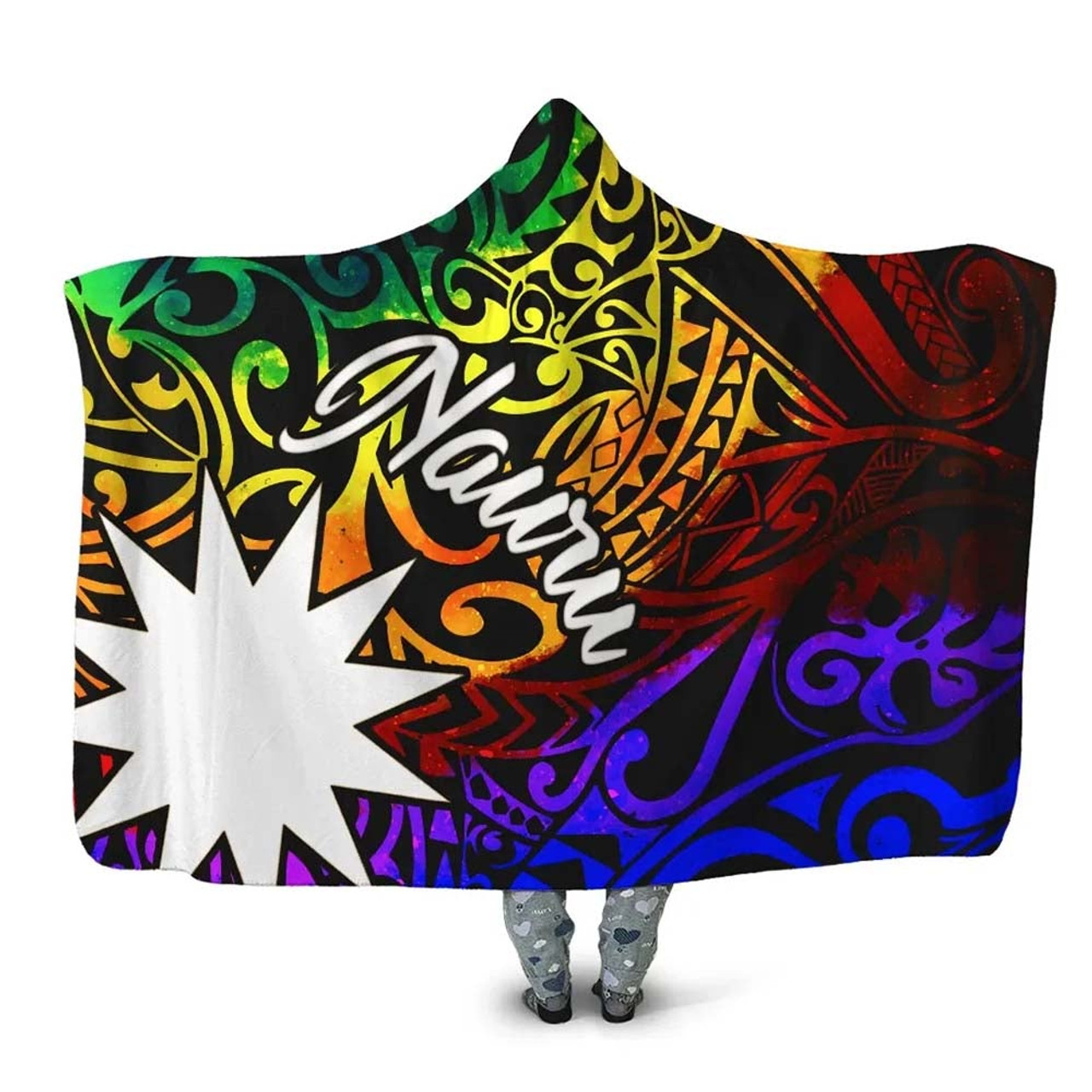 Nauru Hooded Blanket - Rainbow Polynesian Pattern 1