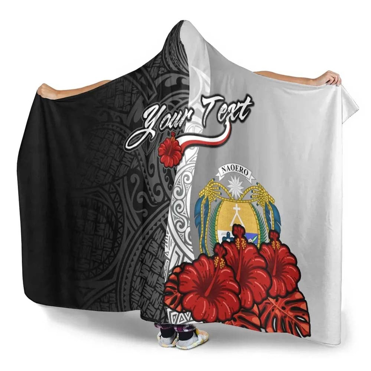 Nauru Polynesian Custom Personalised Hooded Blanket- Coat Of Arm With Hibiscus White 3