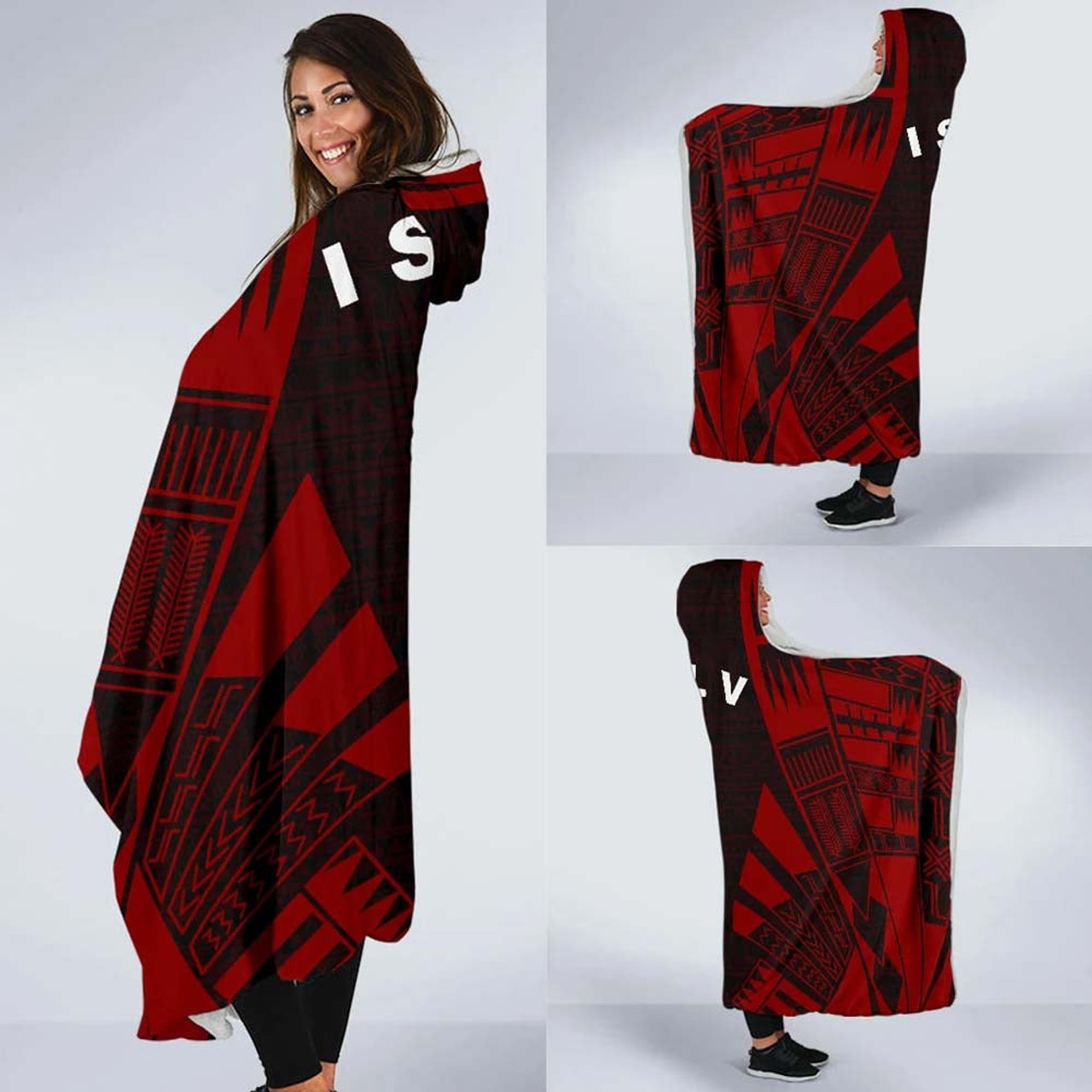 Society Islands Hooded Blanket - Polynesian Tattoo Red 2