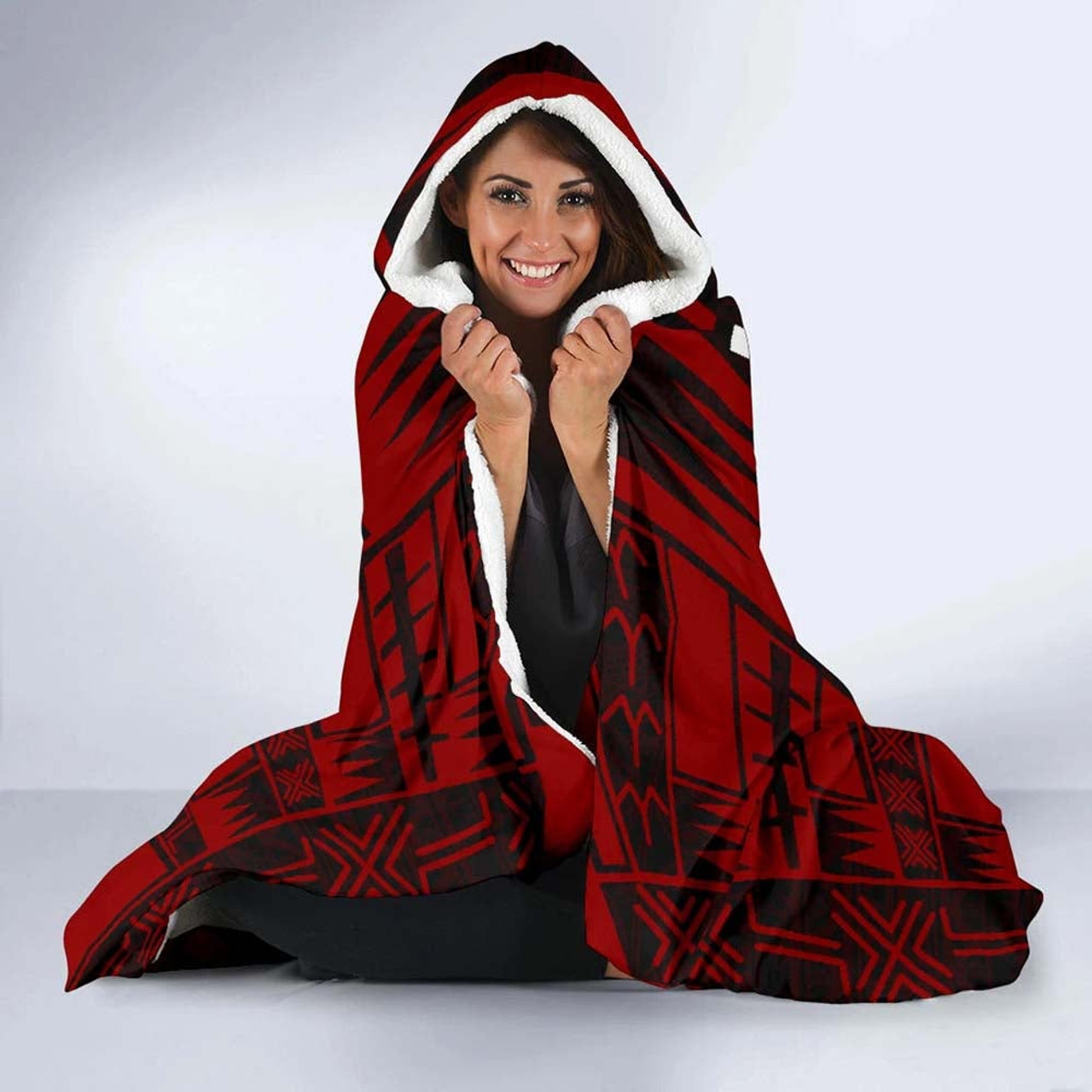 Society Islands Hooded Blanket - Polynesian Tattoo Red 3