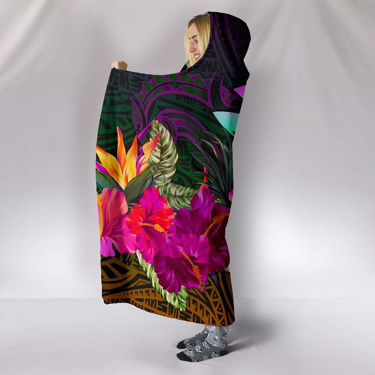 Polynesian Hawaii Kanaka Maoli Hooded Blanket - Summer Hibiscus 4