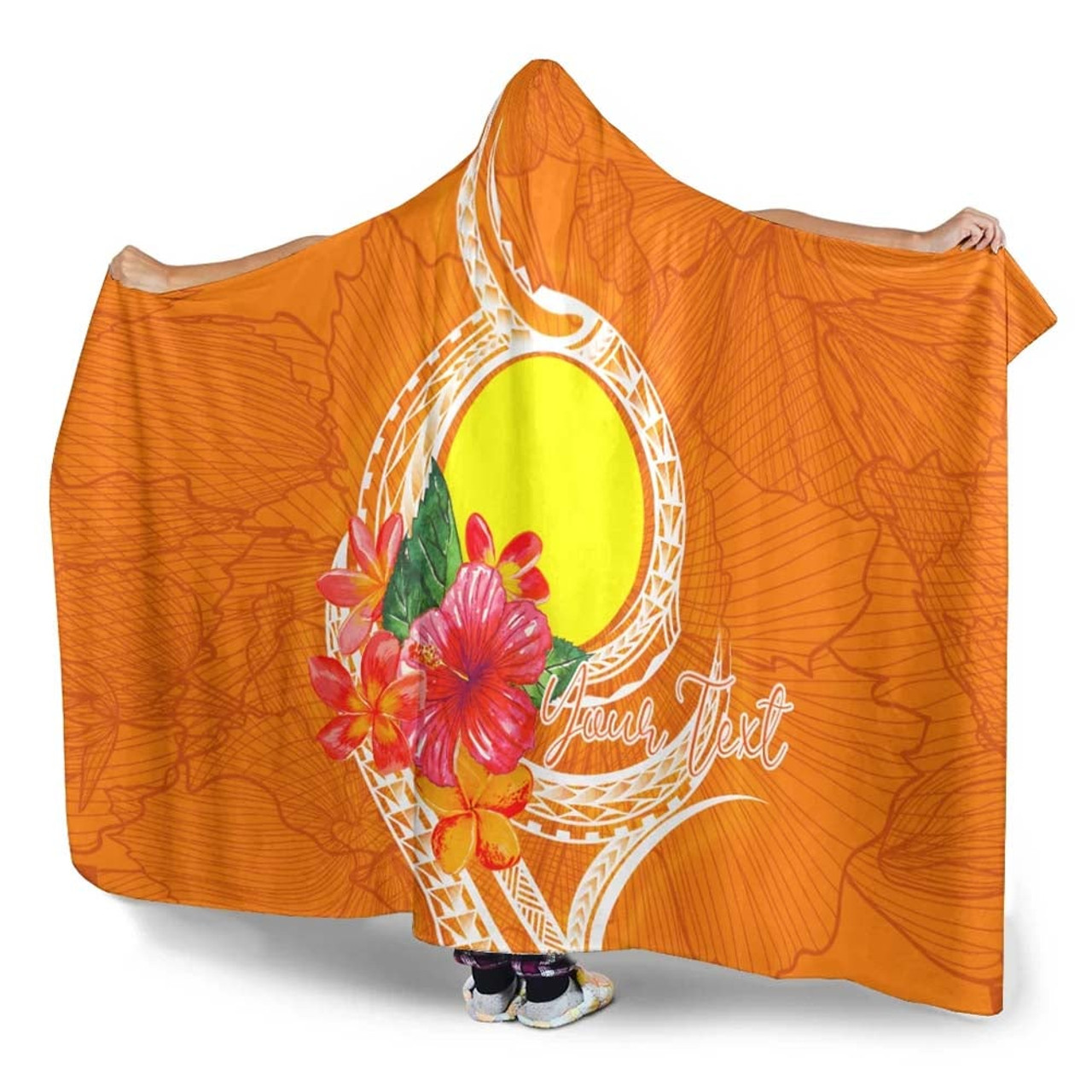 Palau Polynesian Custom Personalised Hooded Blanket - Orange Floral With Seal 4