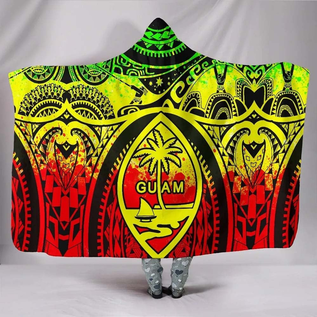 Polynesian Hooded Blankets - Guam Flag Seal with Maui Moana Tattoo Reggae 1