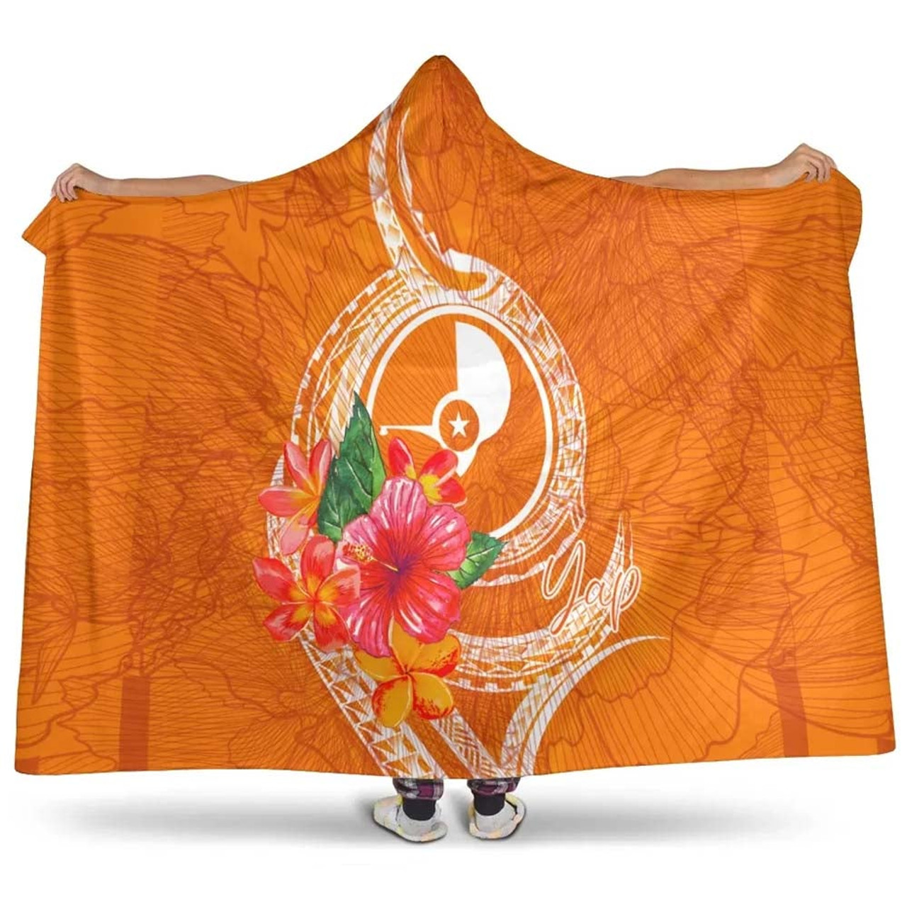 Yap Microneisa Hooded Blanket - Orange Floral With Seal 1