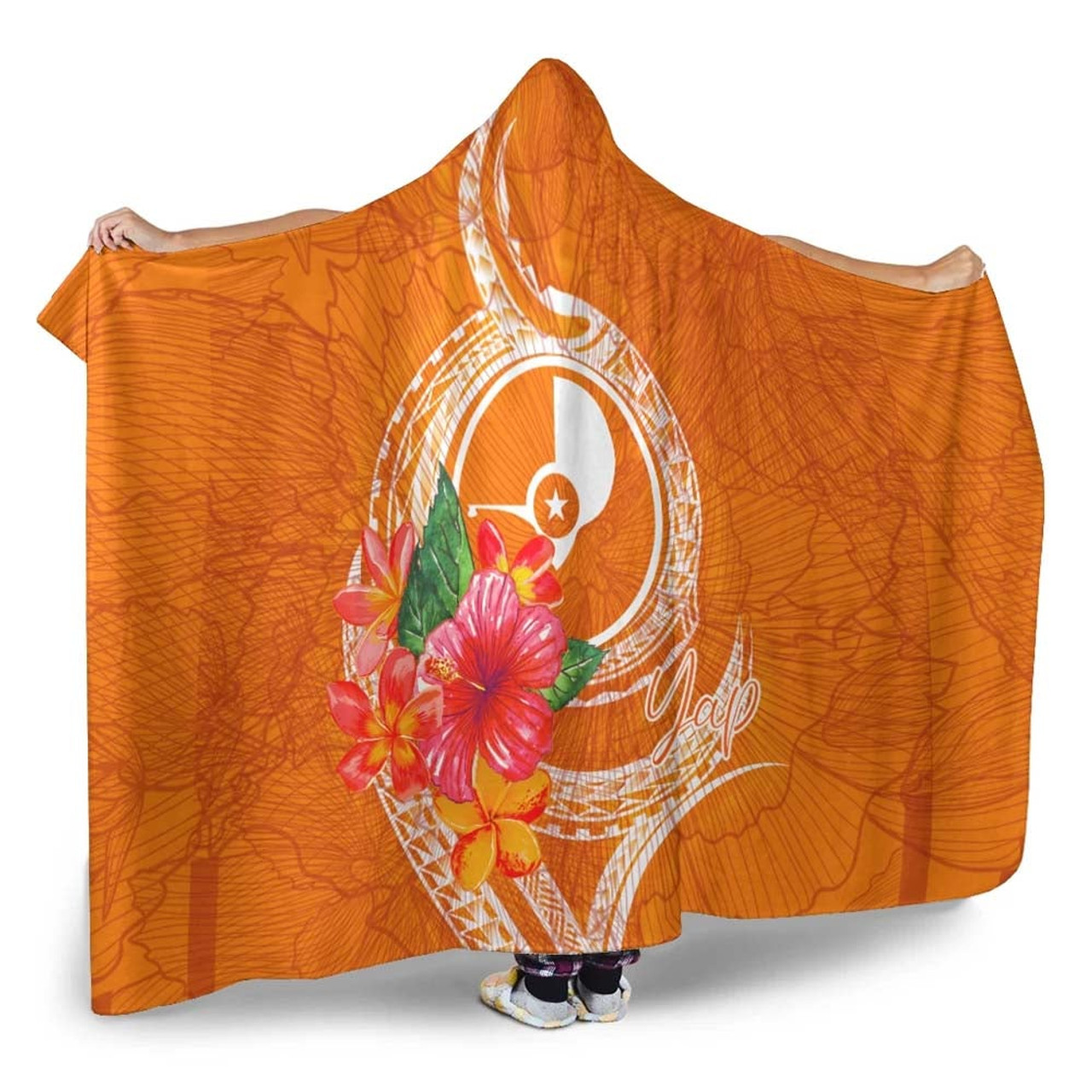 Yap Microneisa Hooded Blanket - Orange Floral With Seal 3