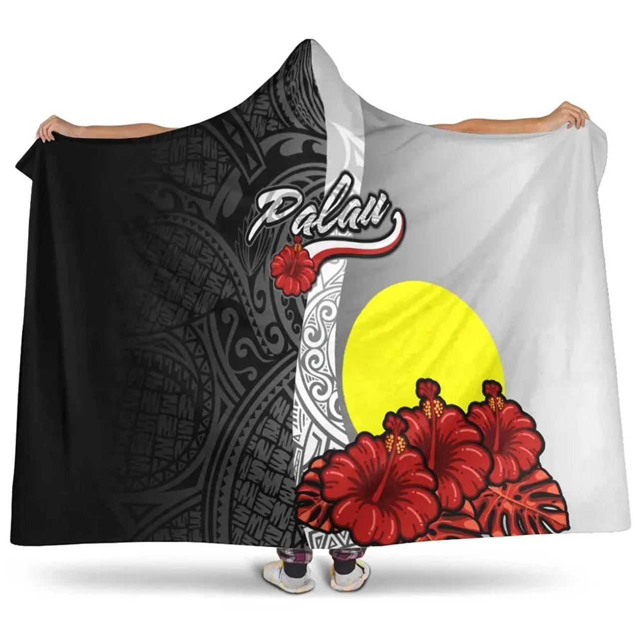 Palau Polynesian Hooded Blanket- Coat Of Arm With Hibiscus White 1