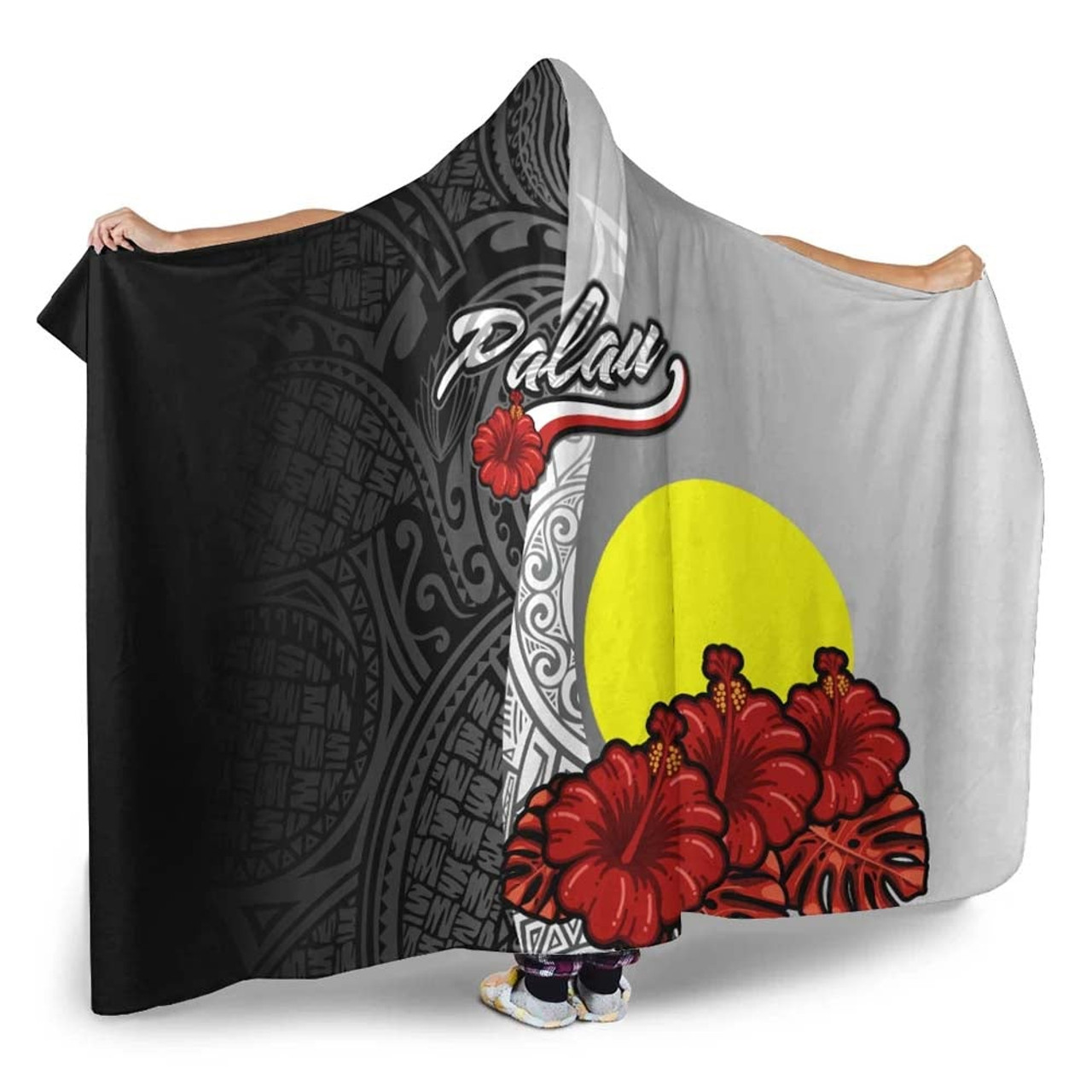 Palau Polynesian Hooded Blanket- Coat Of Arm With Hibiscus White 2