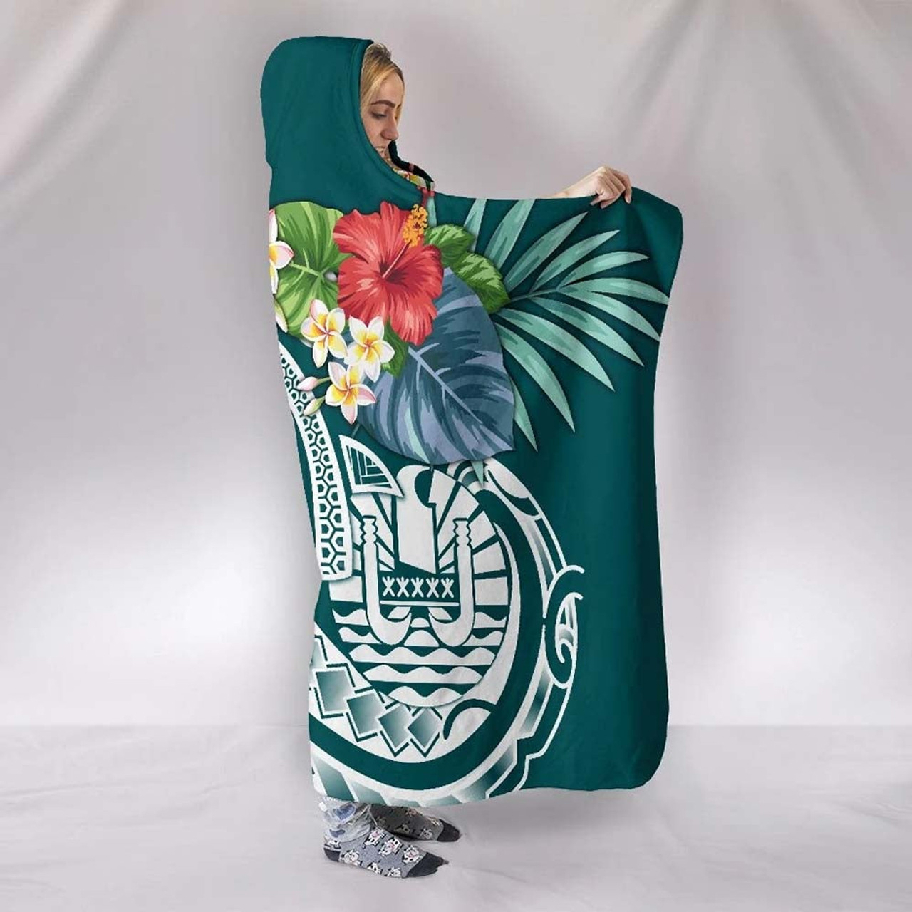 Tahiti Polynesian Hooded Blanket - Summer Plumeria (Turquoise) 2