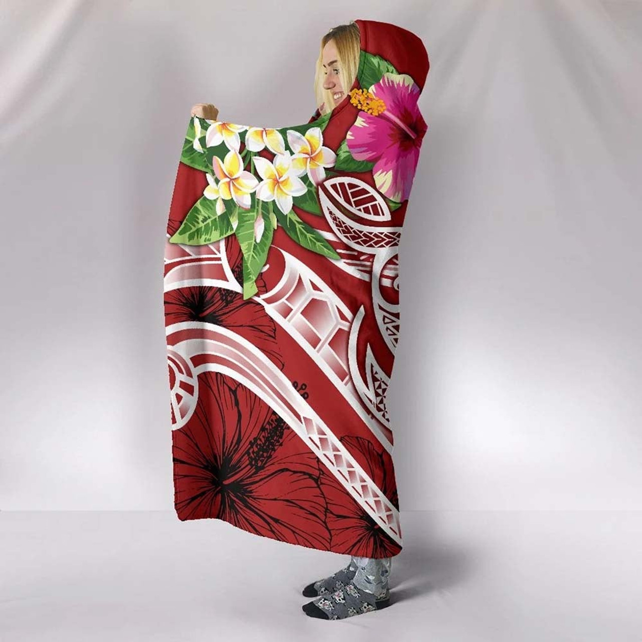 Polynesian Hawaii Hooded Blanket - Summer Plumeria (Red) 4