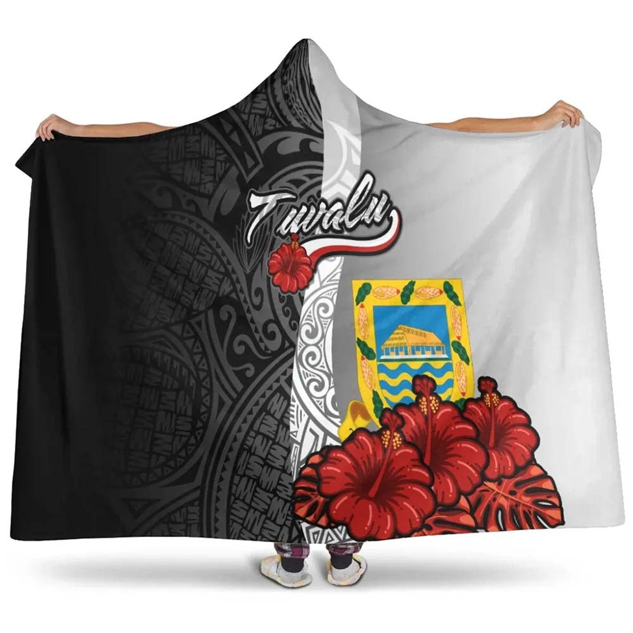 Tuvalu Polynesian Hooded Blanket- Coat Of Arm With Hibiscus White 1