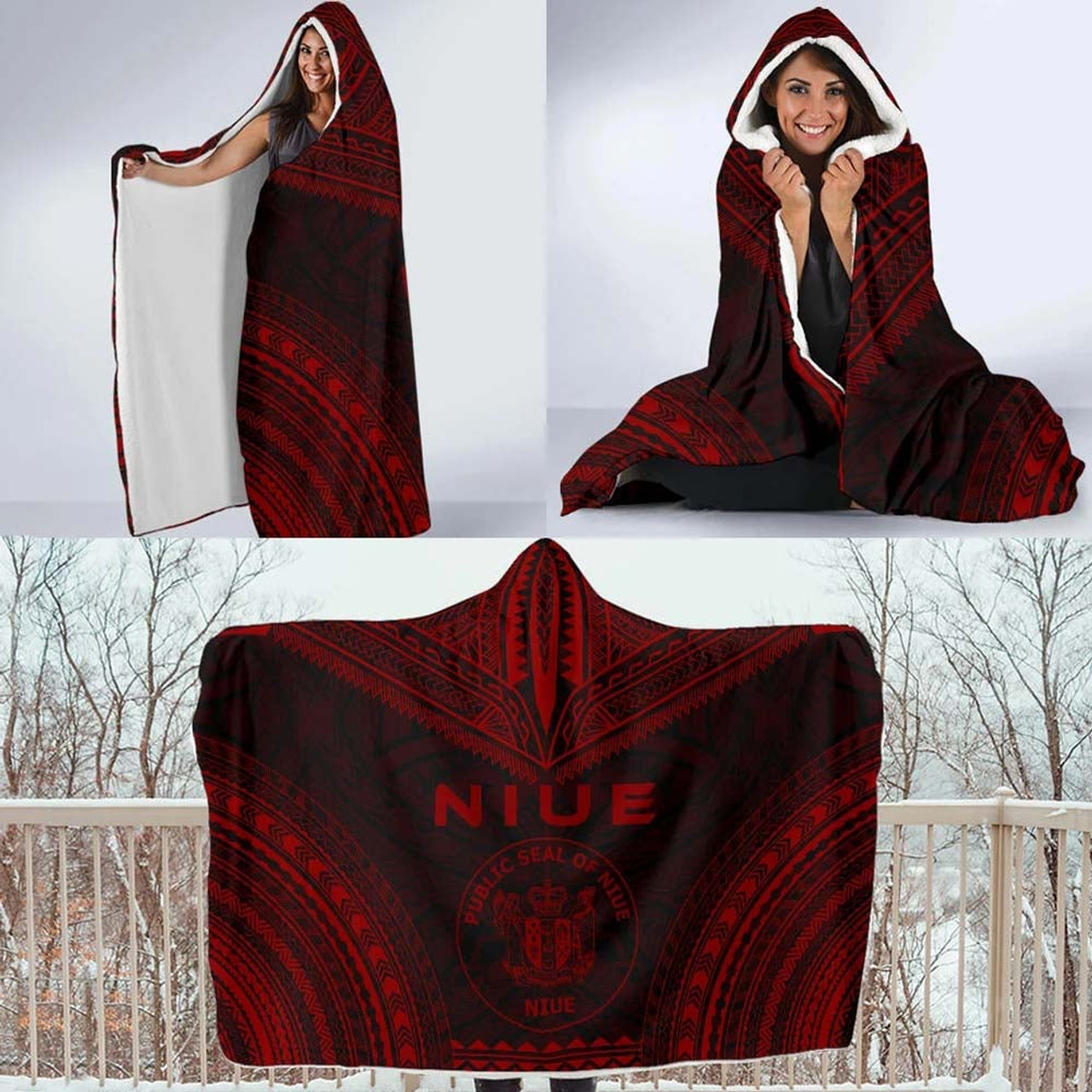 Niue Polynesian Chief Hooded Blanket - Red Version 4