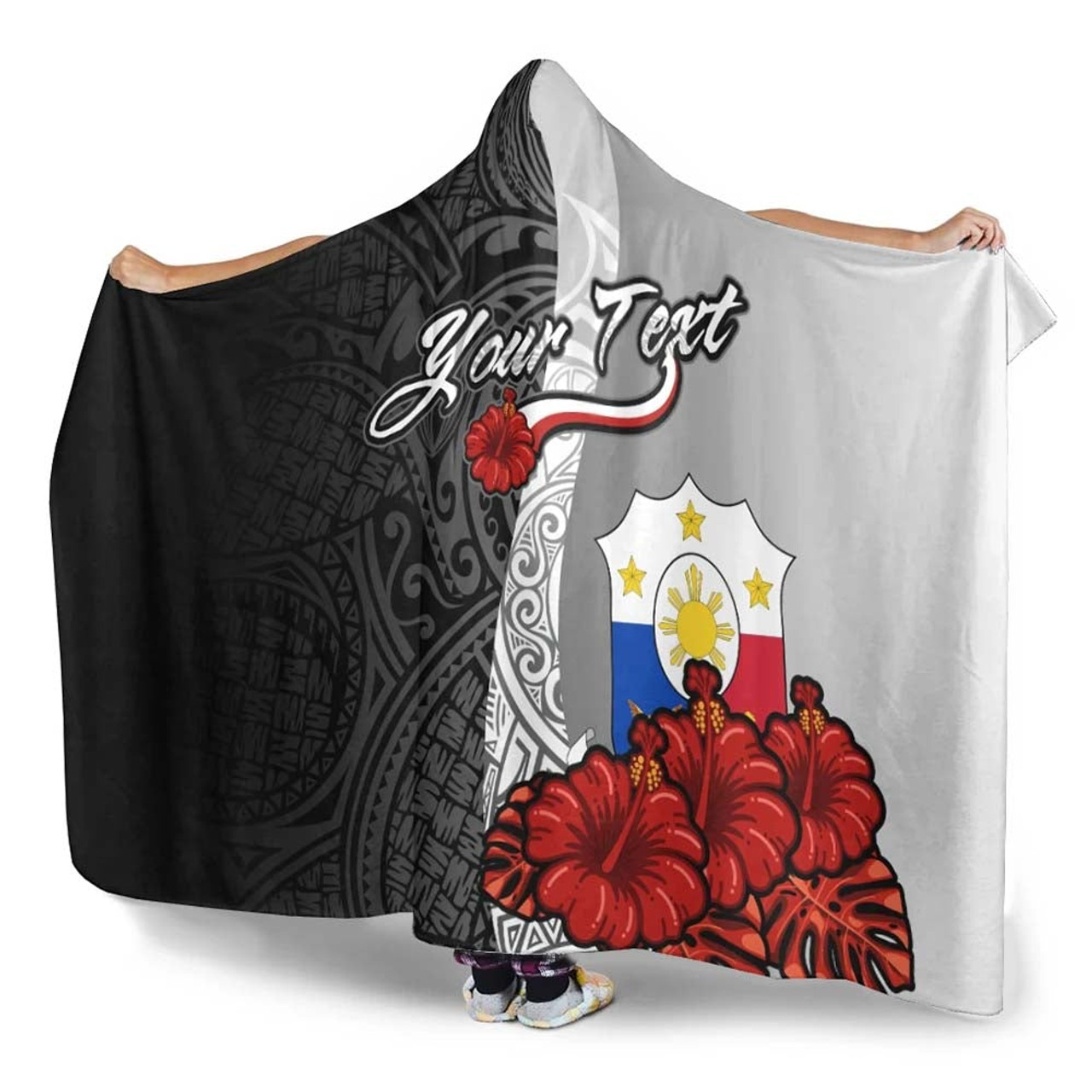 Philippines Polynesian Custom Personalised Hooded Blanket - Coat Of Arm With Hibiscus White 3