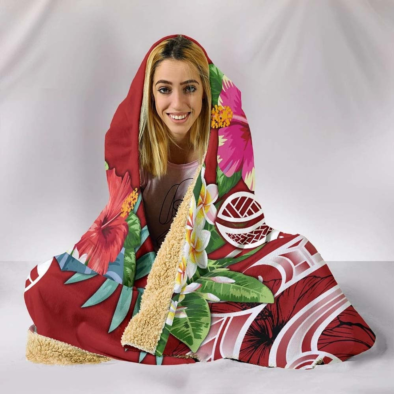 Nauru Polynesian Hooded Blanket - Summer Plumeria (Red) 5