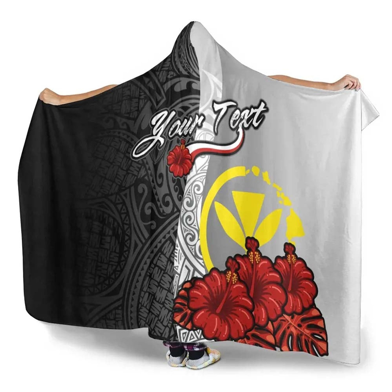 Hawaii Kanaka Maoli Polynesian Custom Personalised Hooded Blanket- Coat Of Arm With Hibiscus White 3