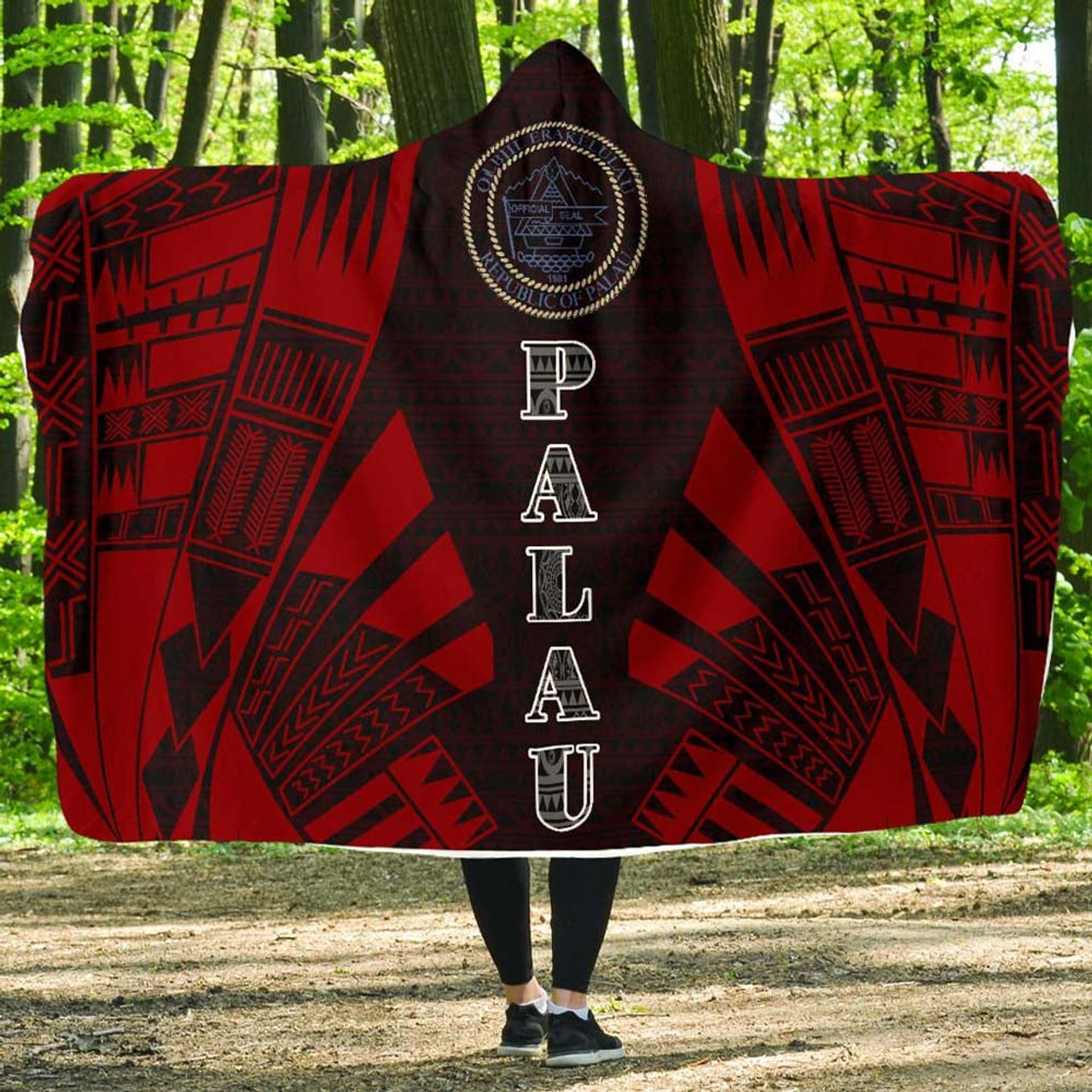 Palau Hooded Blanket - Polynesian Tattoo Red 1