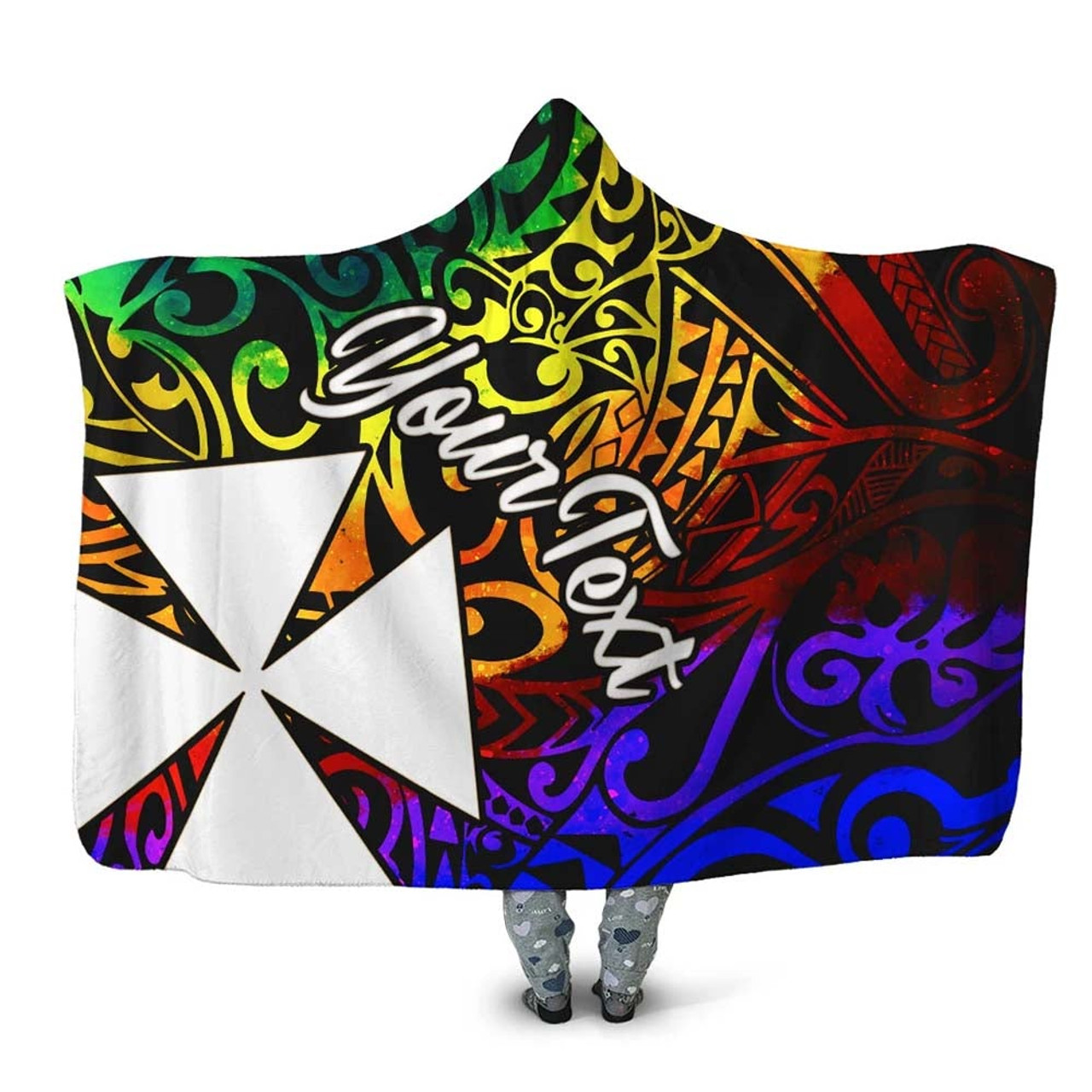 Wallis and Futuna Custom Personalised Hooded Blanket - Rainbow Polynesian Pattern 1