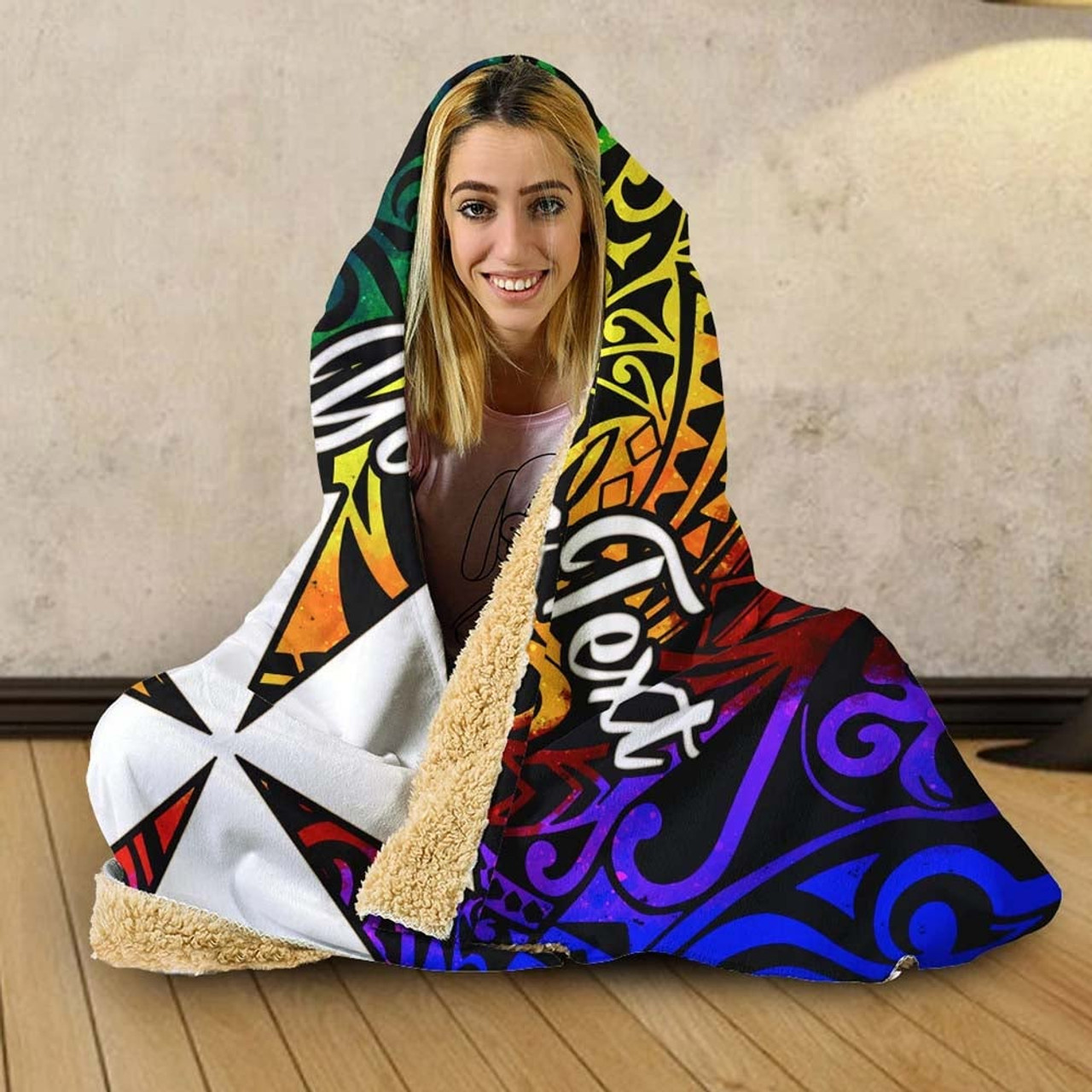 Wallis and Futuna Custom Personalised Hooded Blanket - Rainbow Polynesian Pattern 2