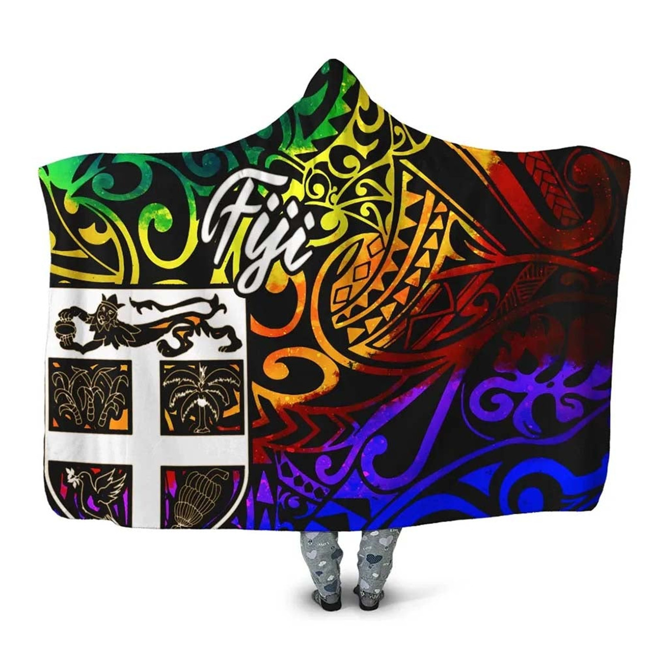 Fiji Hooded Blanket - Rainbow Polynesian Pattern 1