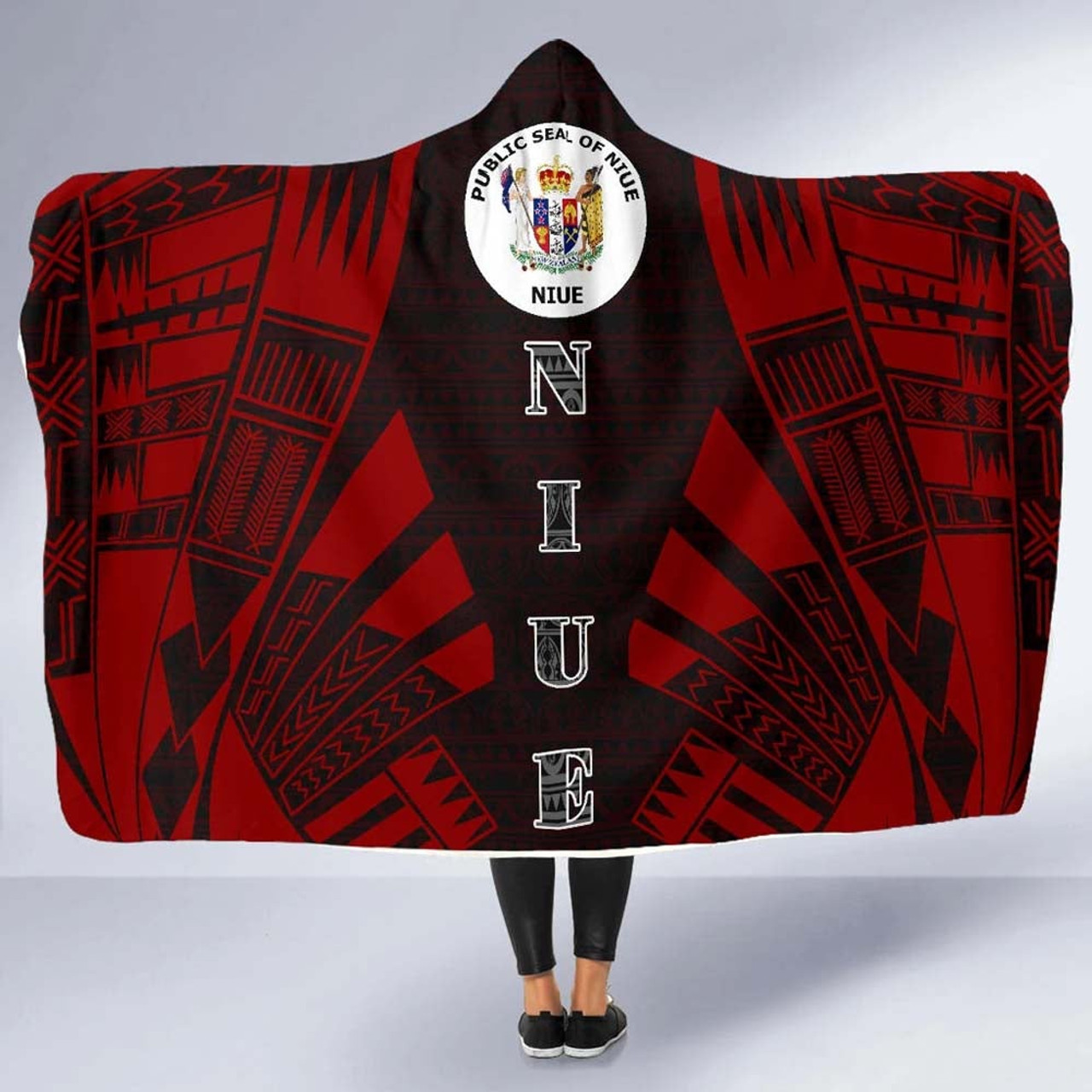 Niue Hooded Blanket - Polynesian Tattoo Red 5