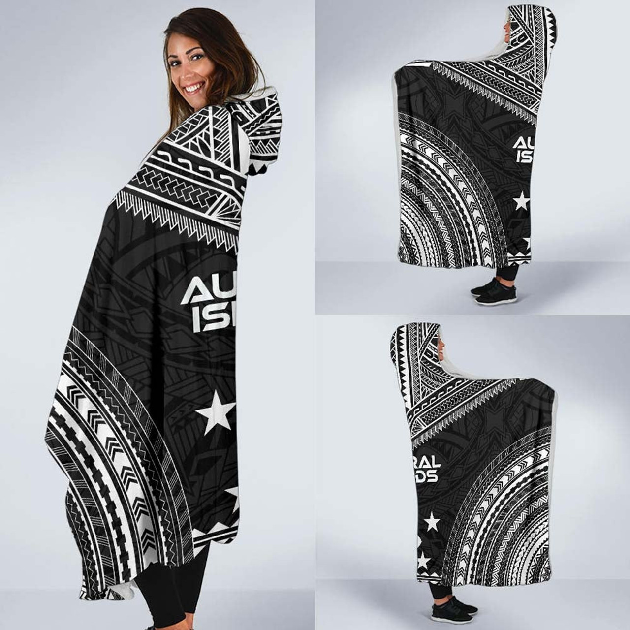 Austral Islands Polynesian Chief Hooded Blanket - Black Version 2