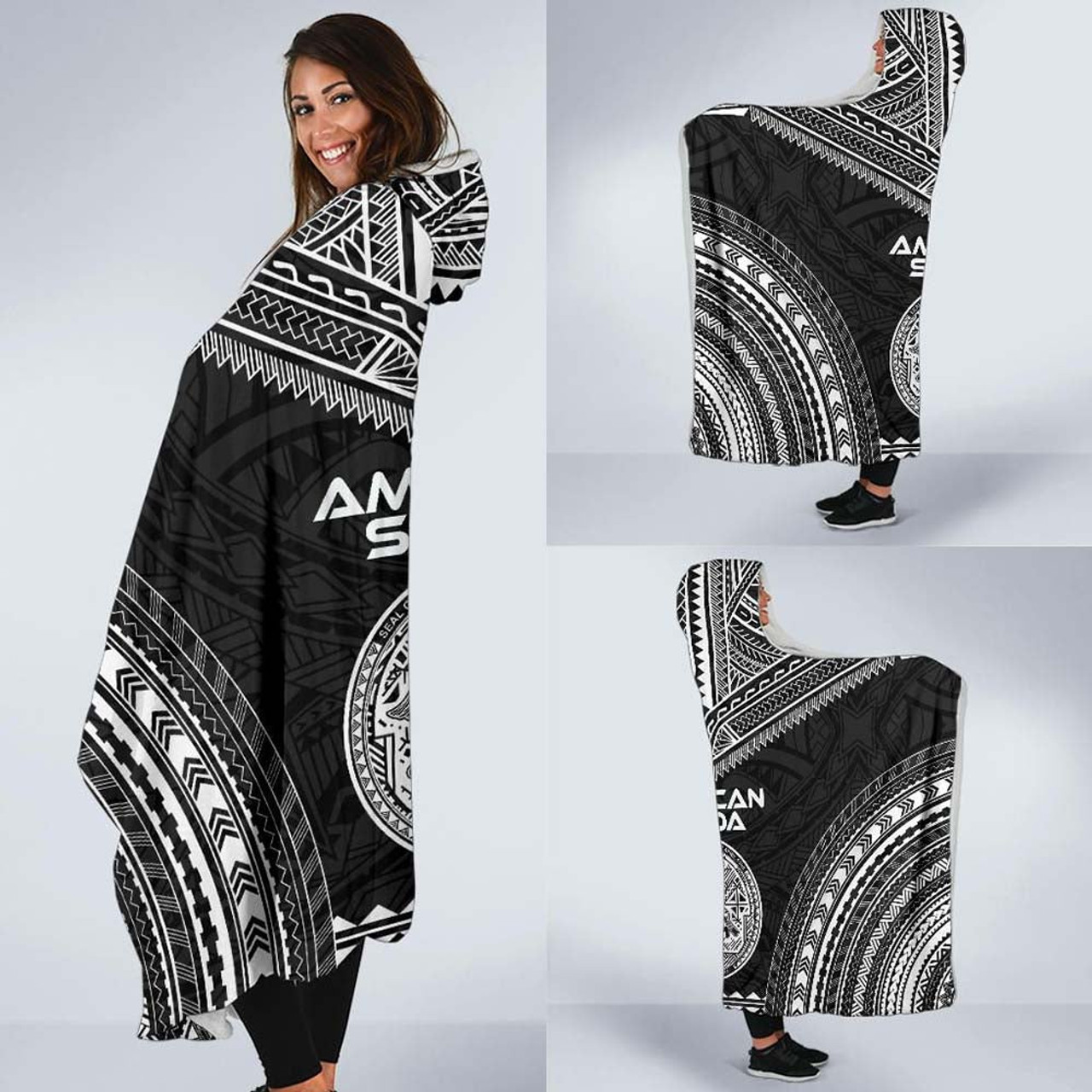 American Samoa Polynesian Chief Hooded Blanket - Black Version 2