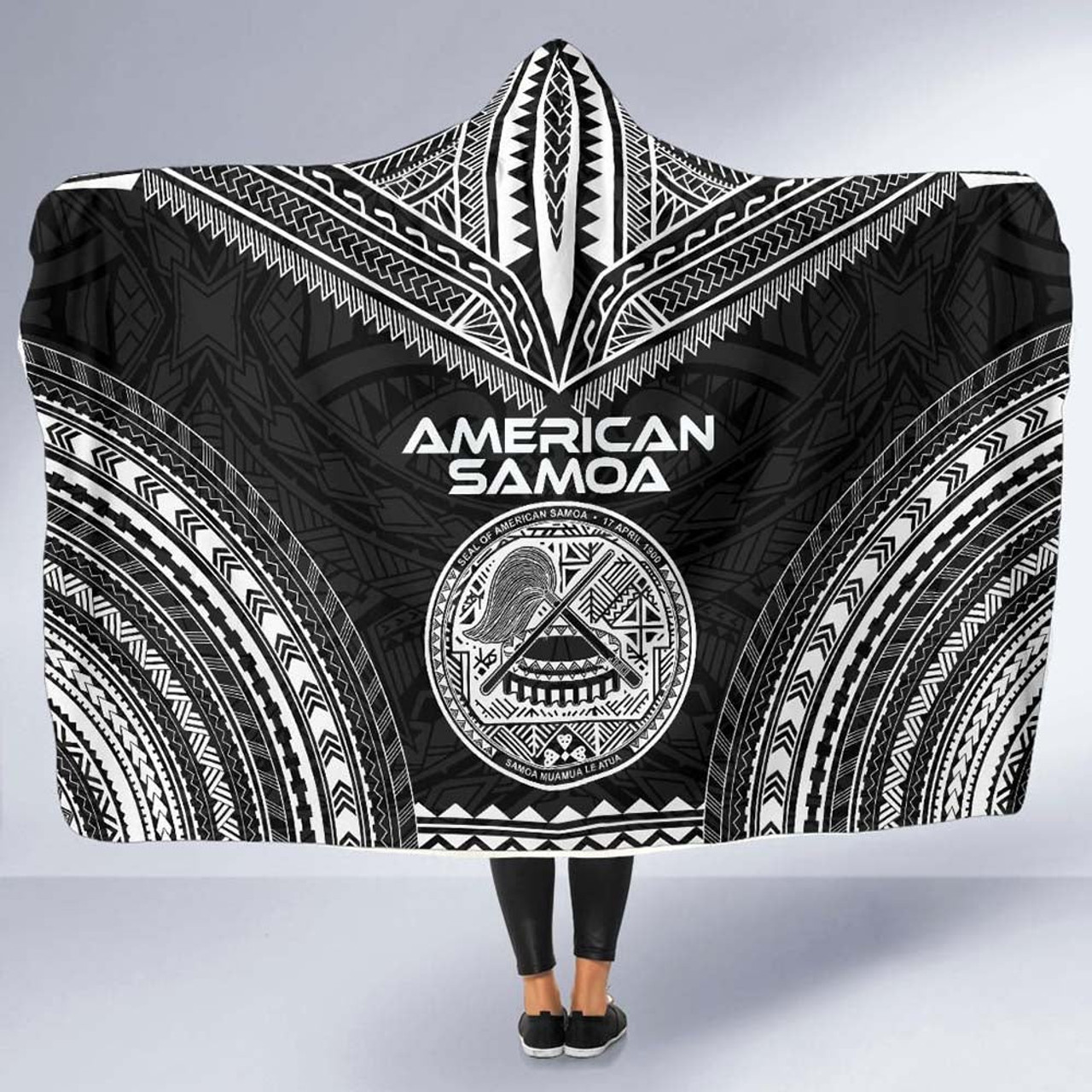 American Samoa Polynesian Chief Hooded Blanket - Black Version 5