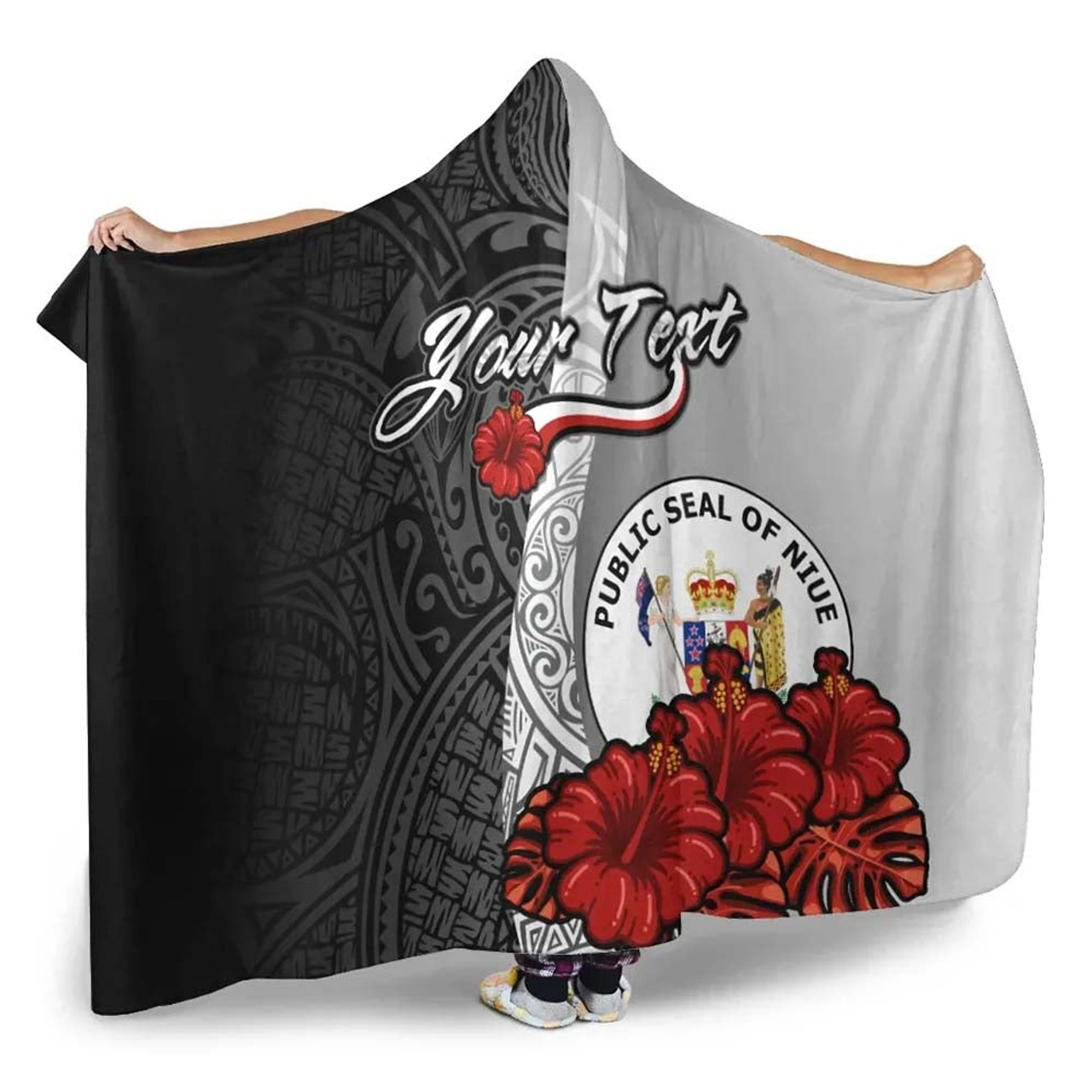 Niue Polynesian Custom Personalised Hooded Blanket- Coat Of Arm With Hibiscus White 2