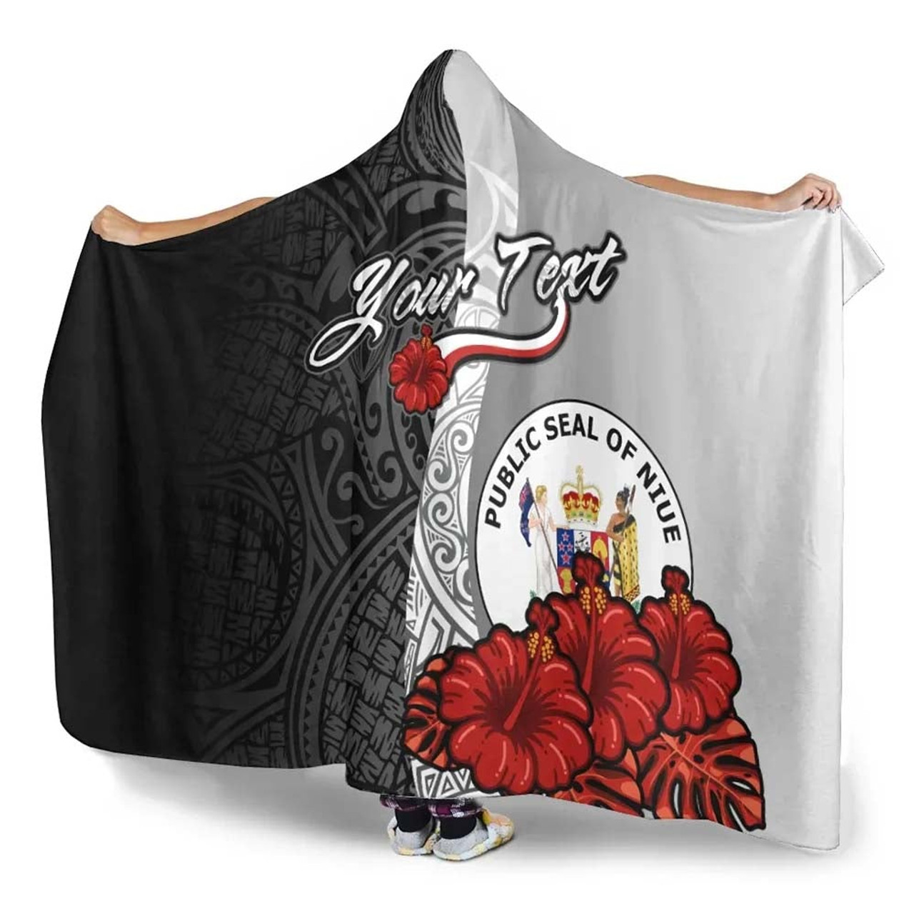 Niue Polynesian Custom Personalised Hooded Blanket- Coat Of Arm With Hibiscus White 3