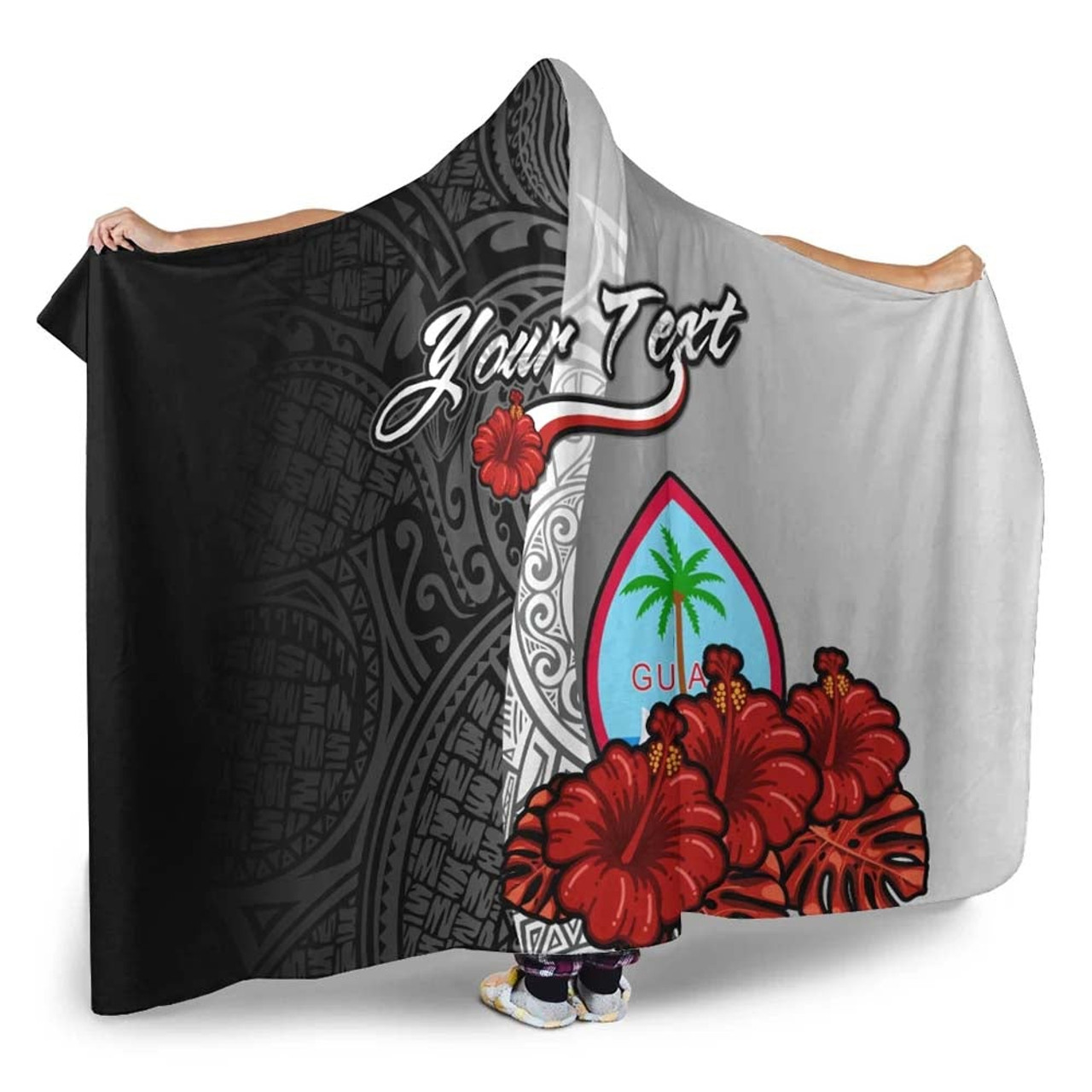 Guam Polynesian Custom Personalised Hooded Blanket- Coat Of Arm With Hibiscus White 2