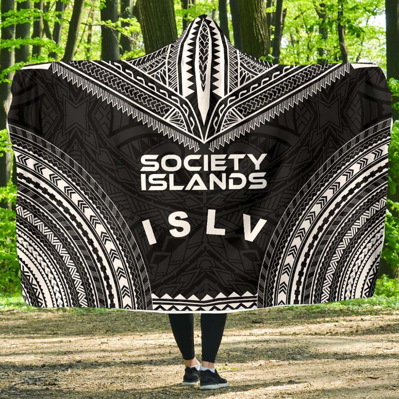 Society Islands Polynesian Chief Hooded Blanket - Black Version 1