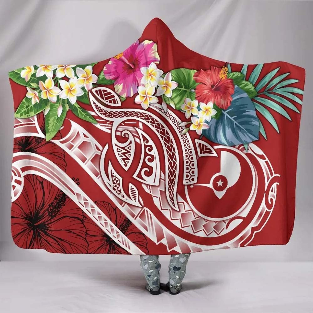 Yap Polynesian Hooded Blanket - Summer Plumeria (red) 1