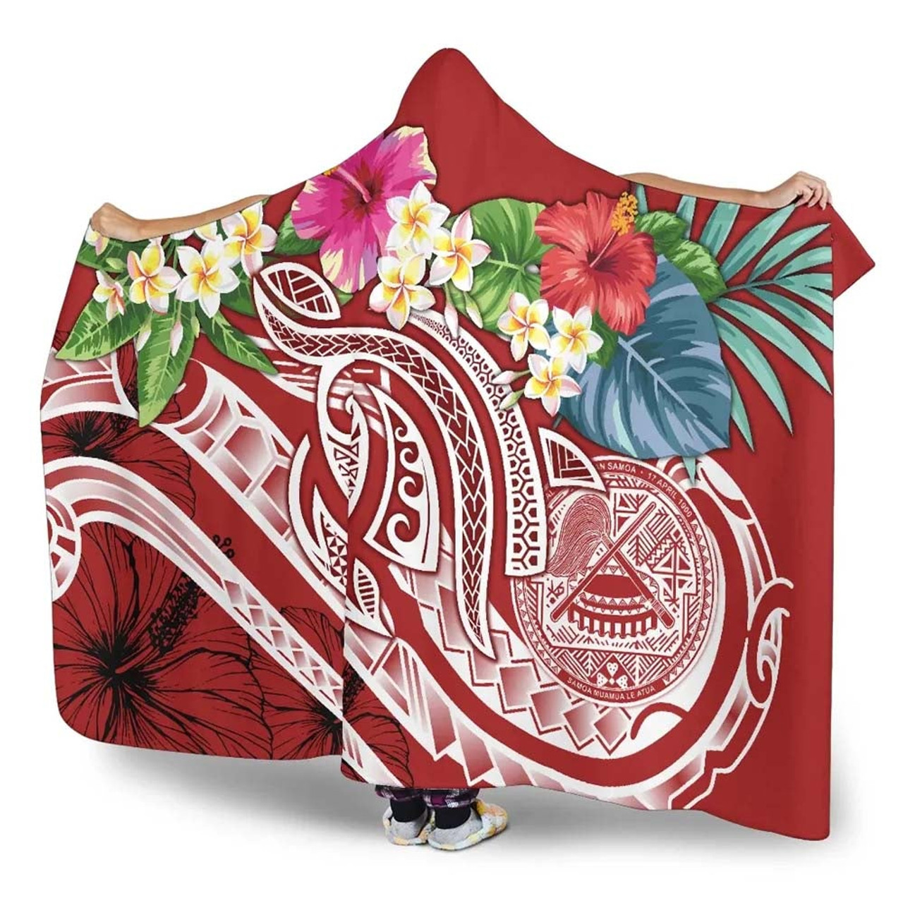 Polynesian American Samoa Hooded Blanket - Summer Plumeria (Red) 3