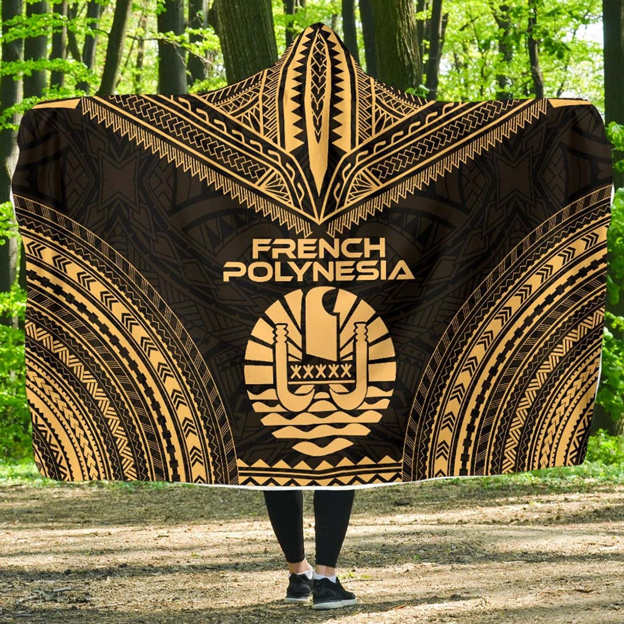 French Polynesia Polynesian Chief Hooded Blanket - Gold Version 1