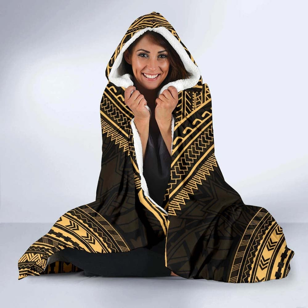 French Polynesia Polynesian Chief Hooded Blanket - Gold Version 3
