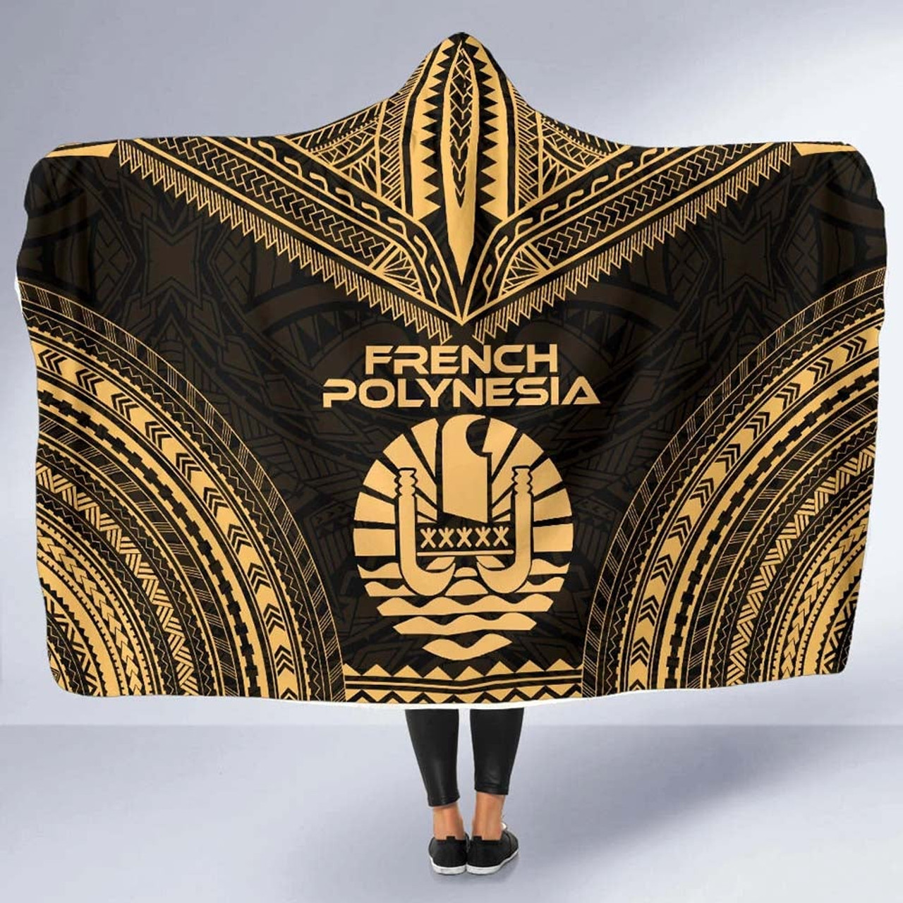 French Polynesia Polynesian Chief Hooded Blanket - Gold Version 5