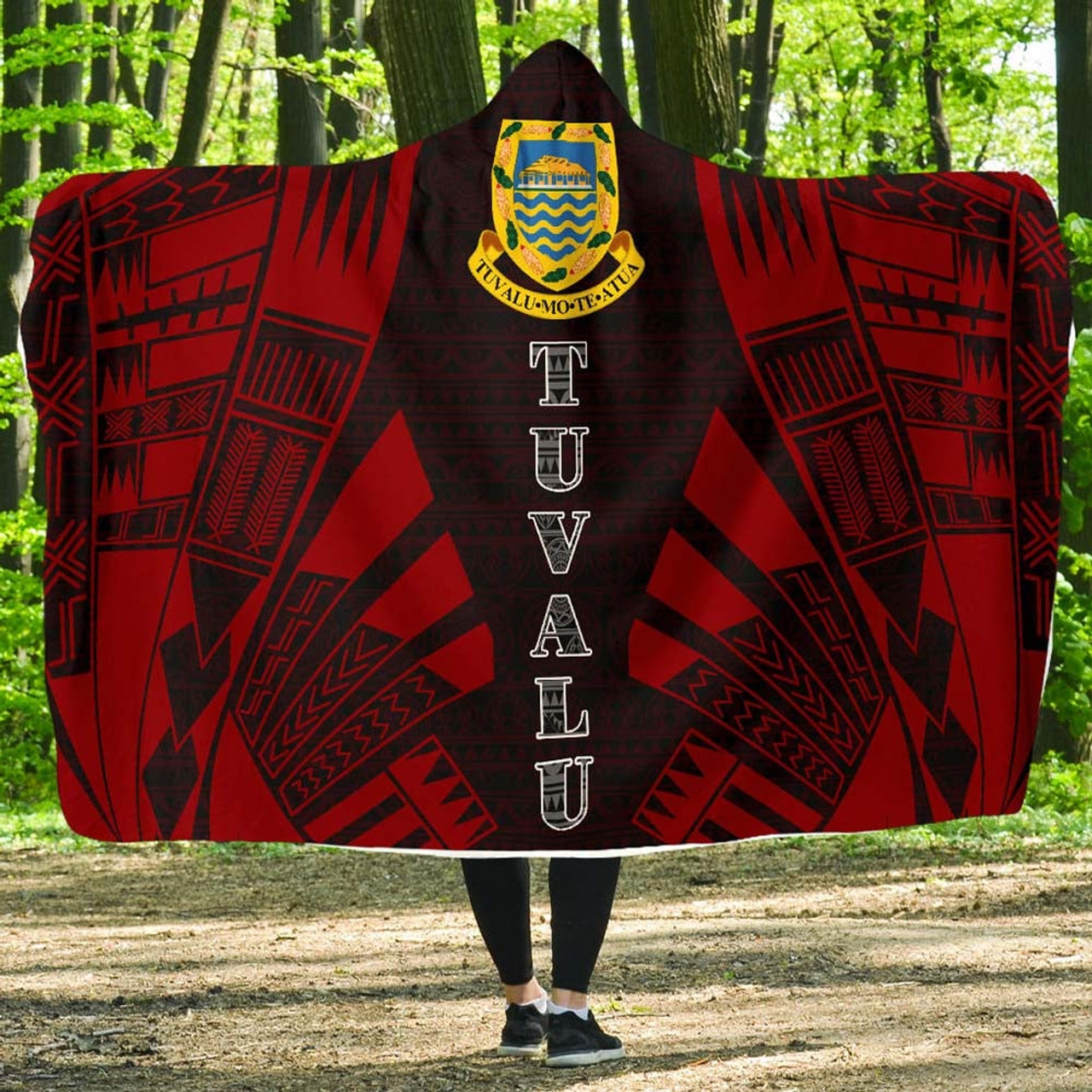 Tuvalu Hooded Blanket - Polynesian Tattoo Red 1